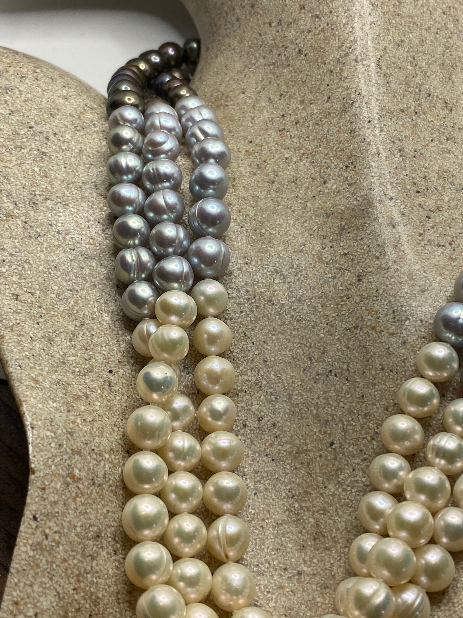 Vintage Hand Knotted Grey Cream Pearl Triple 18 in Necklace