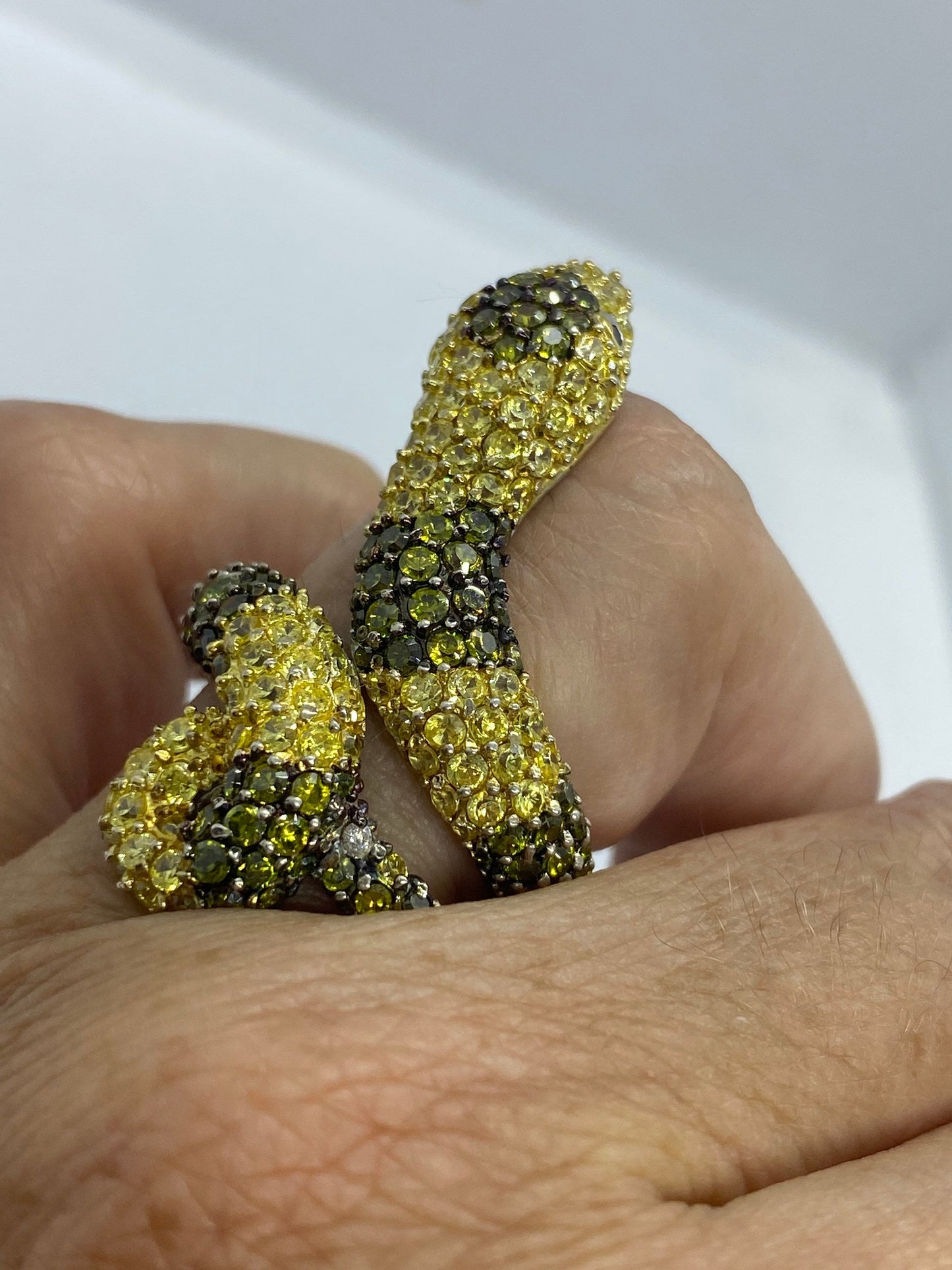 Vintage Yellow Green Cubic Zirconia Crystal Sterling Silver Snake Ring