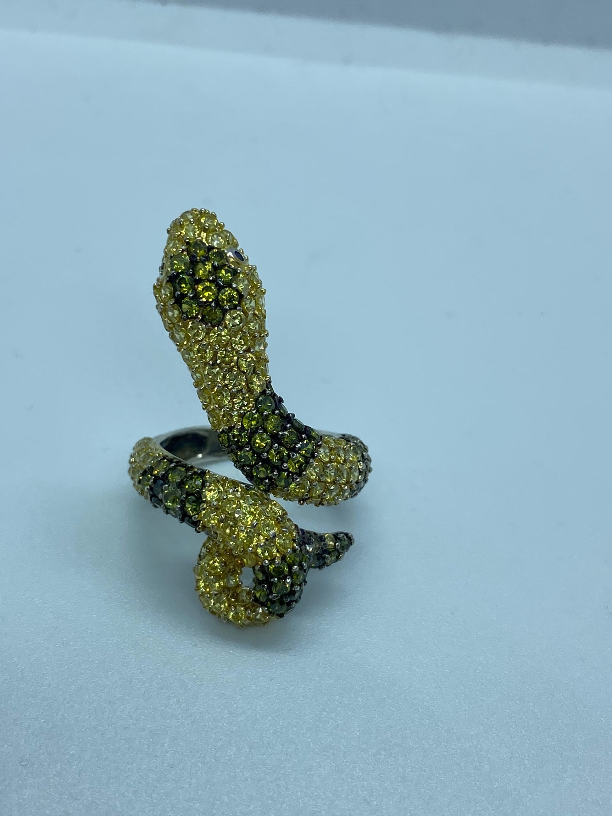 Vintage Yellow Green Cubic Zirconia Crystal Sterling Silver Snake Ring