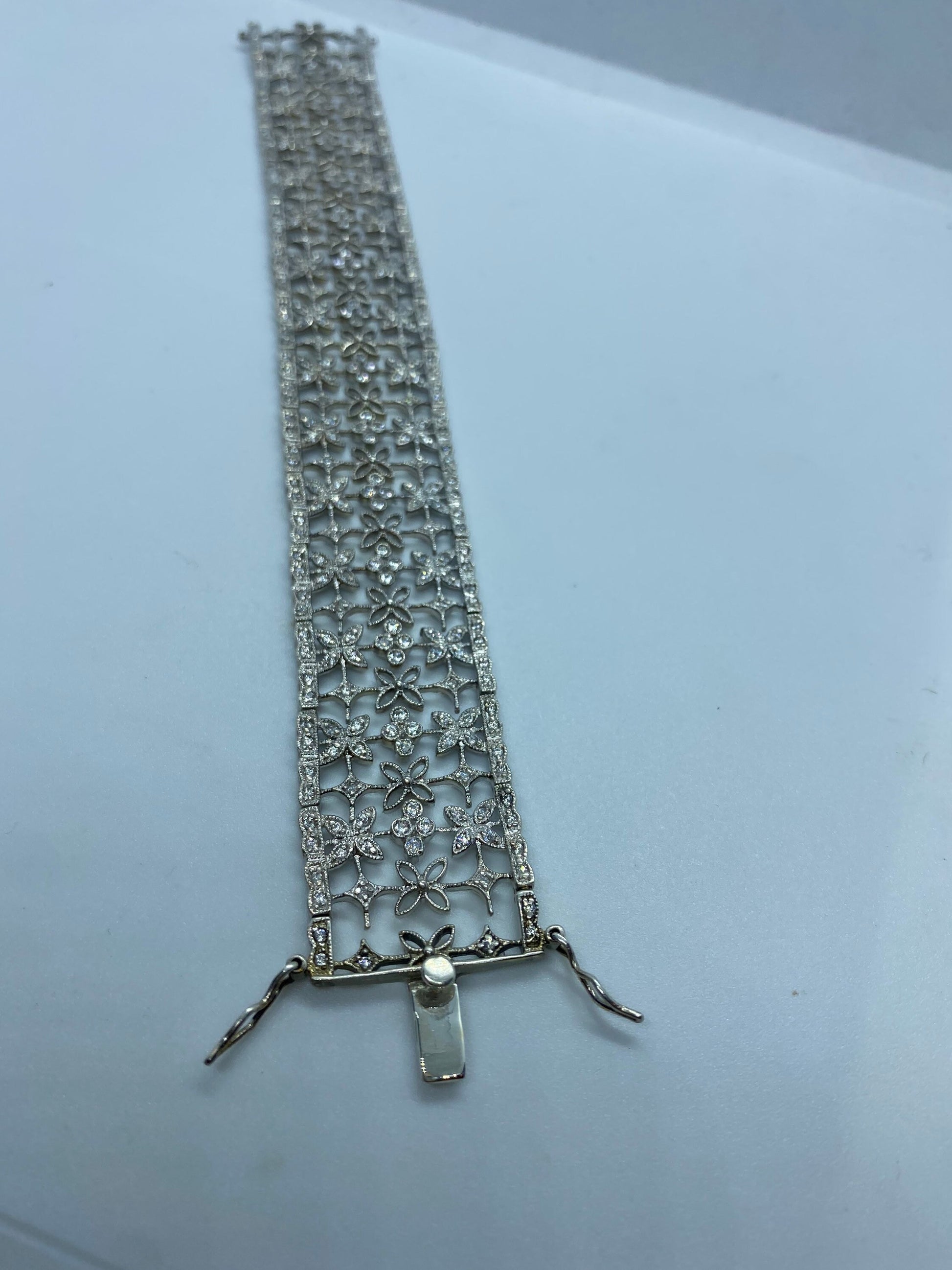 Vintage White Sapphires 925 Sterling Silver Statement Deco Bracelet
