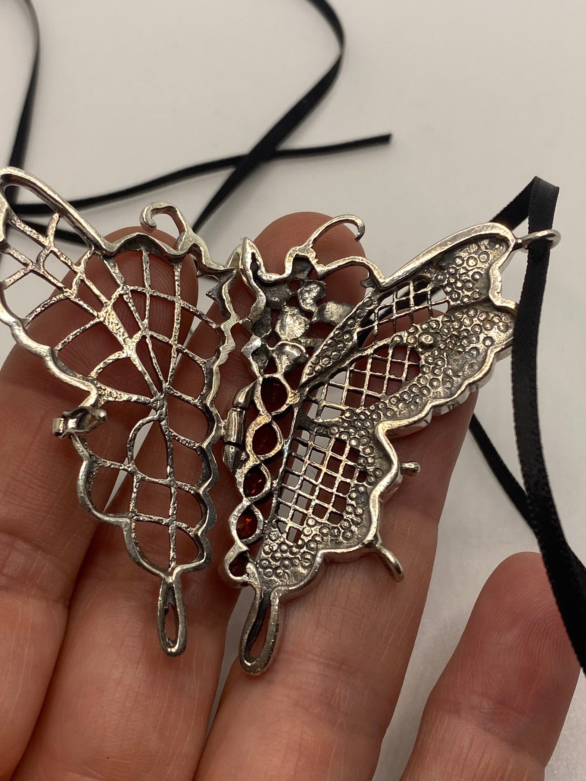Vintage Marcasite Butterfly Locket 925 Sterling Silver Velvet Choker Pendant Necklace