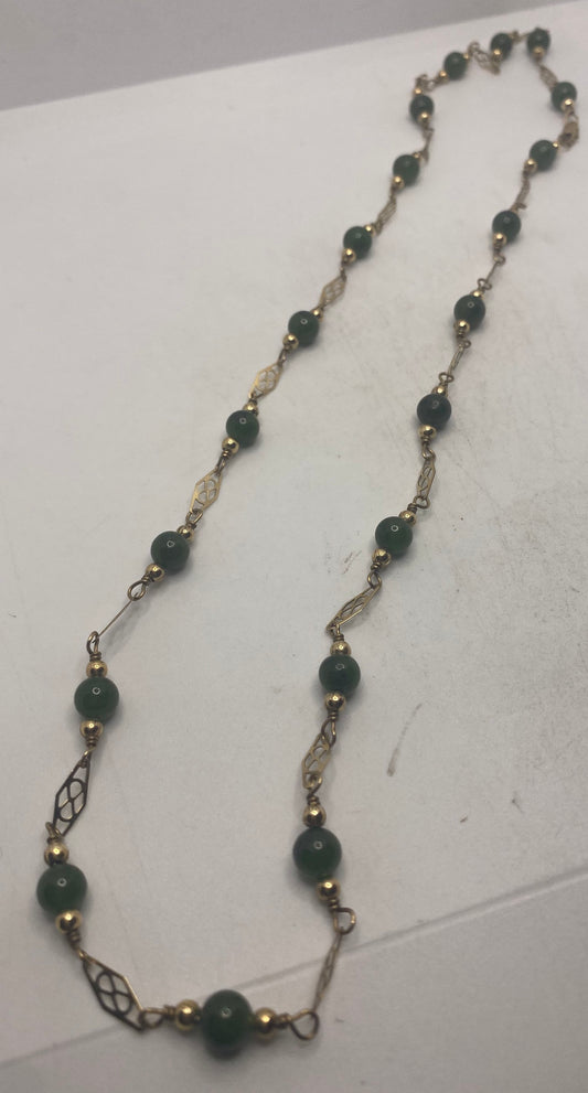 Vintage Green Jade Yellow Gold Filled Necklace