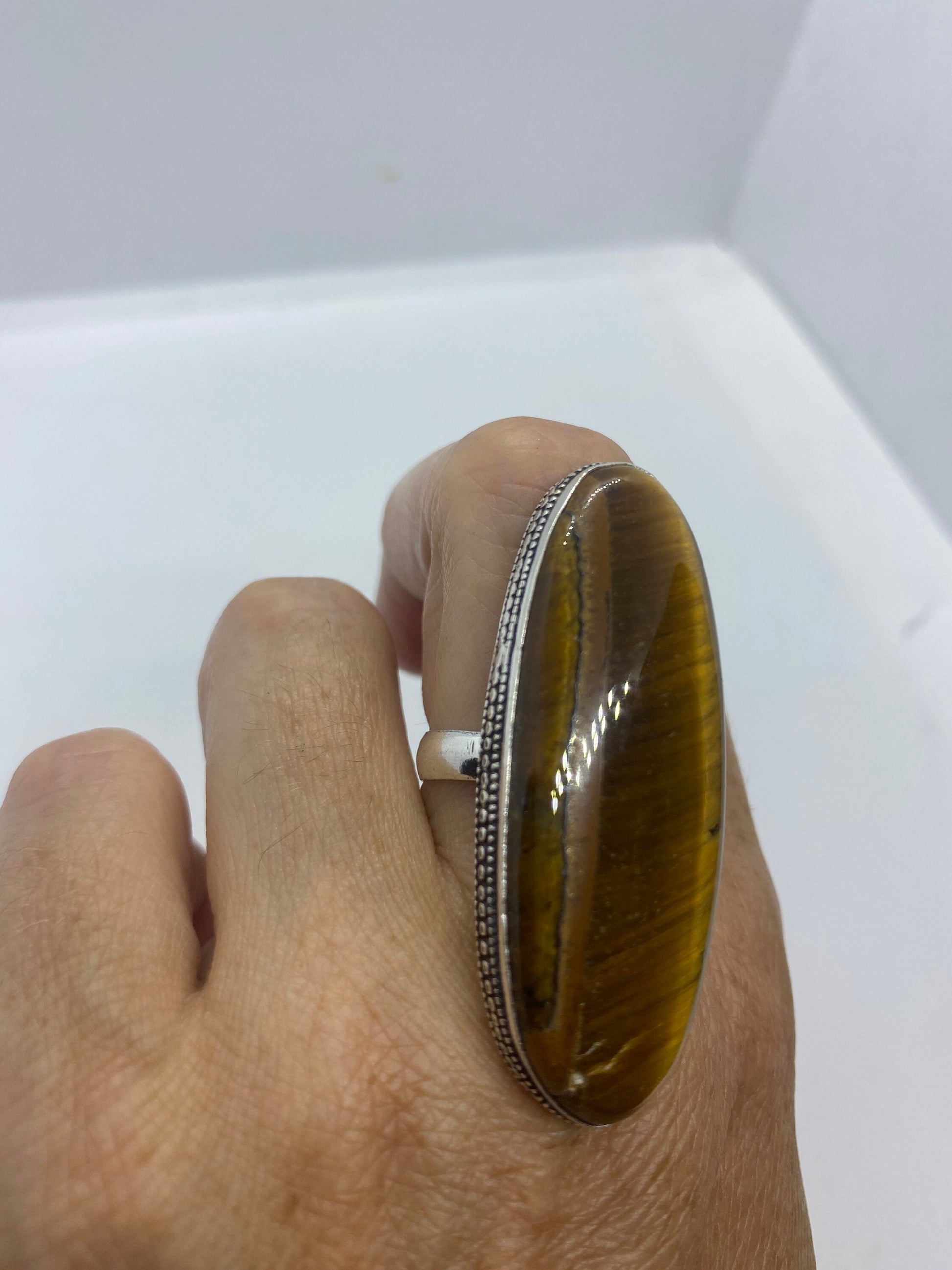 Vintage Tigers Eye Silver Cocktail Ring Size 8