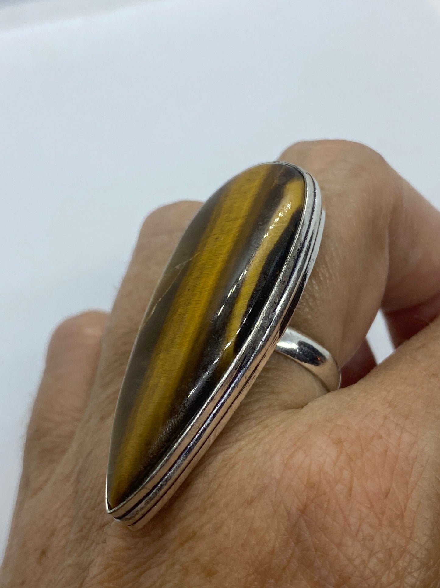Vintage Tigers Eye Silver Cocktail Ring Size 7