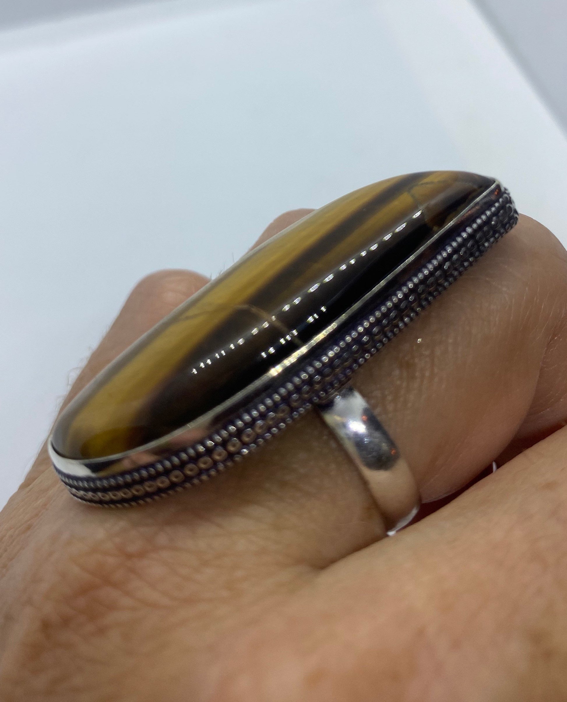 Vintage Tigers Eye Silver Cocktail Ring Size 8