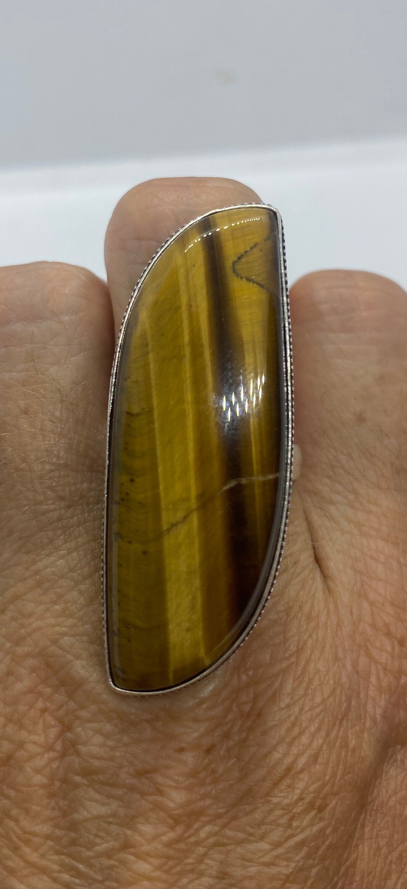 Vintage Tigers Eye Silver Cocktail Ring Size 8