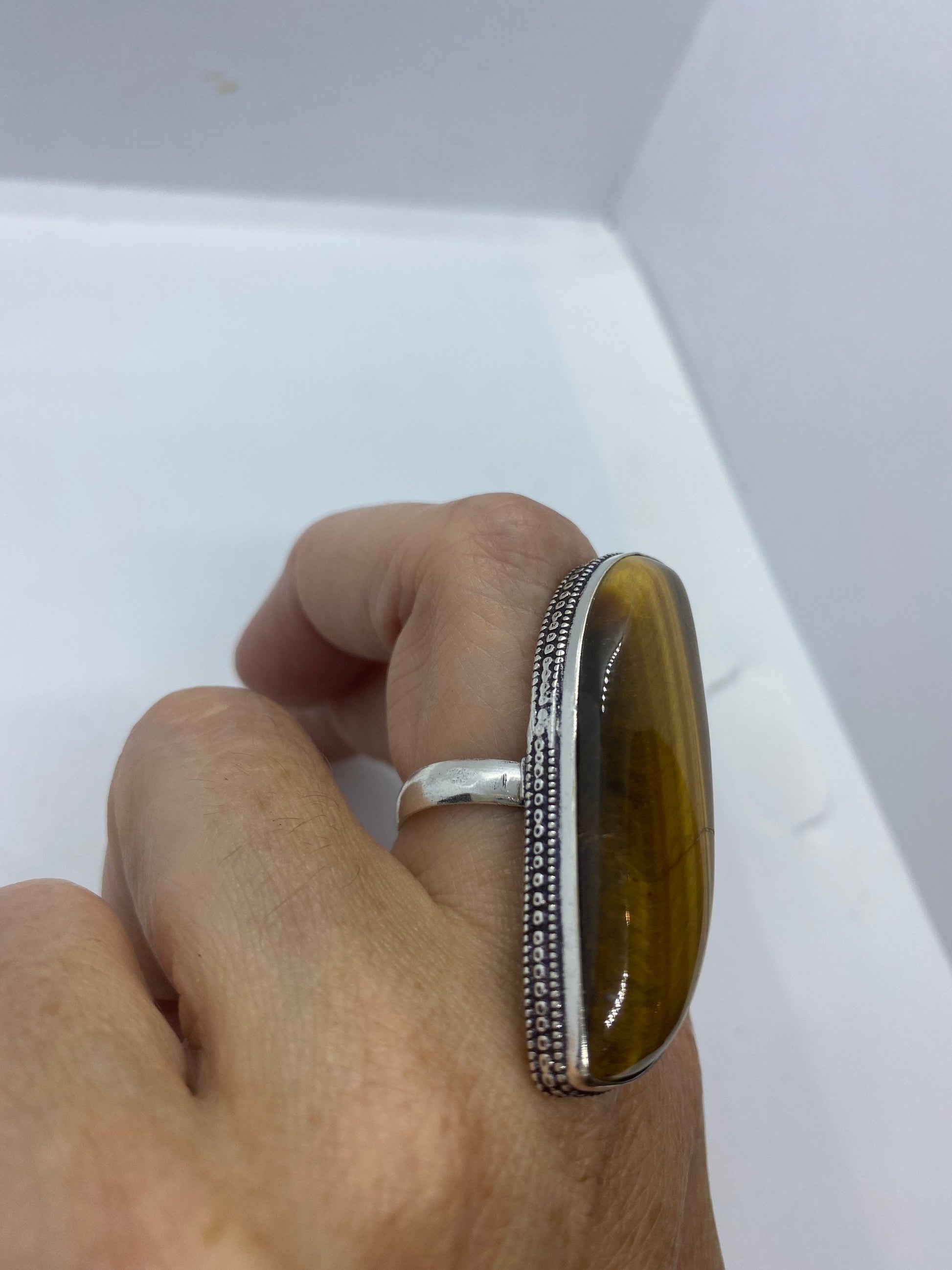 Vintage Tigers Eye Silver Cocktail Ring Size 8