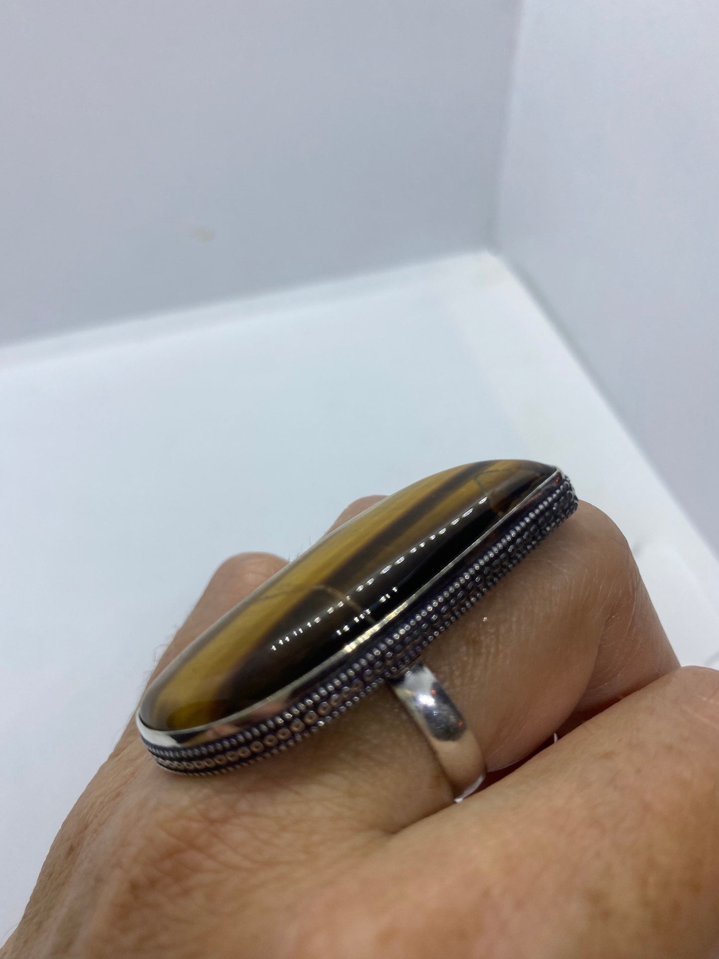 Vintage Tigers Eye Silver Cocktail Ring Size 8