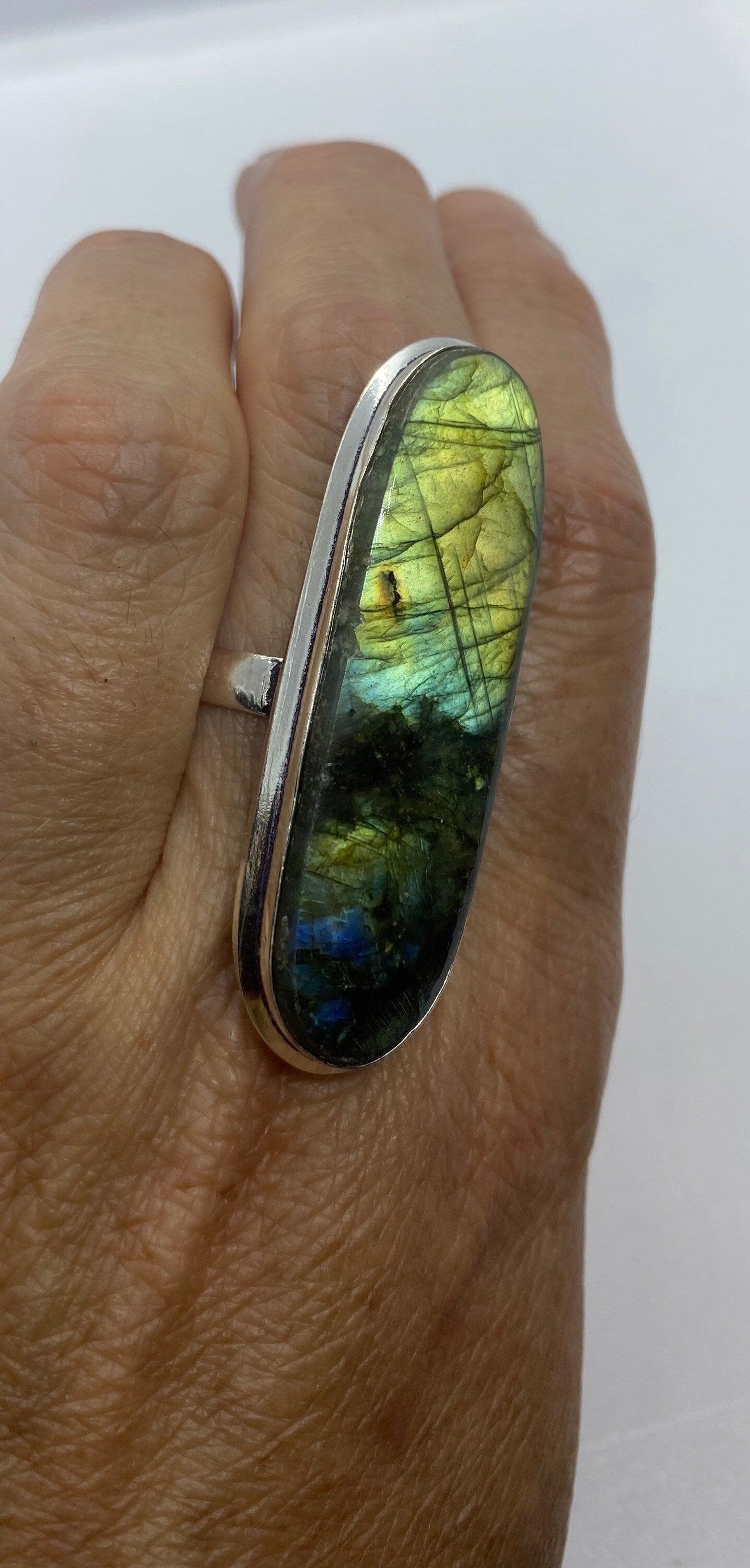 Vintage Large Blue Green Labradorite Stone Silver Ring