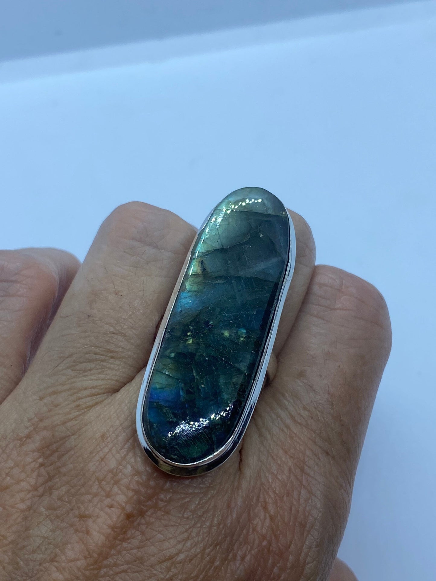 Vintage Large Blue Green Labradorite Stone Silver Ring