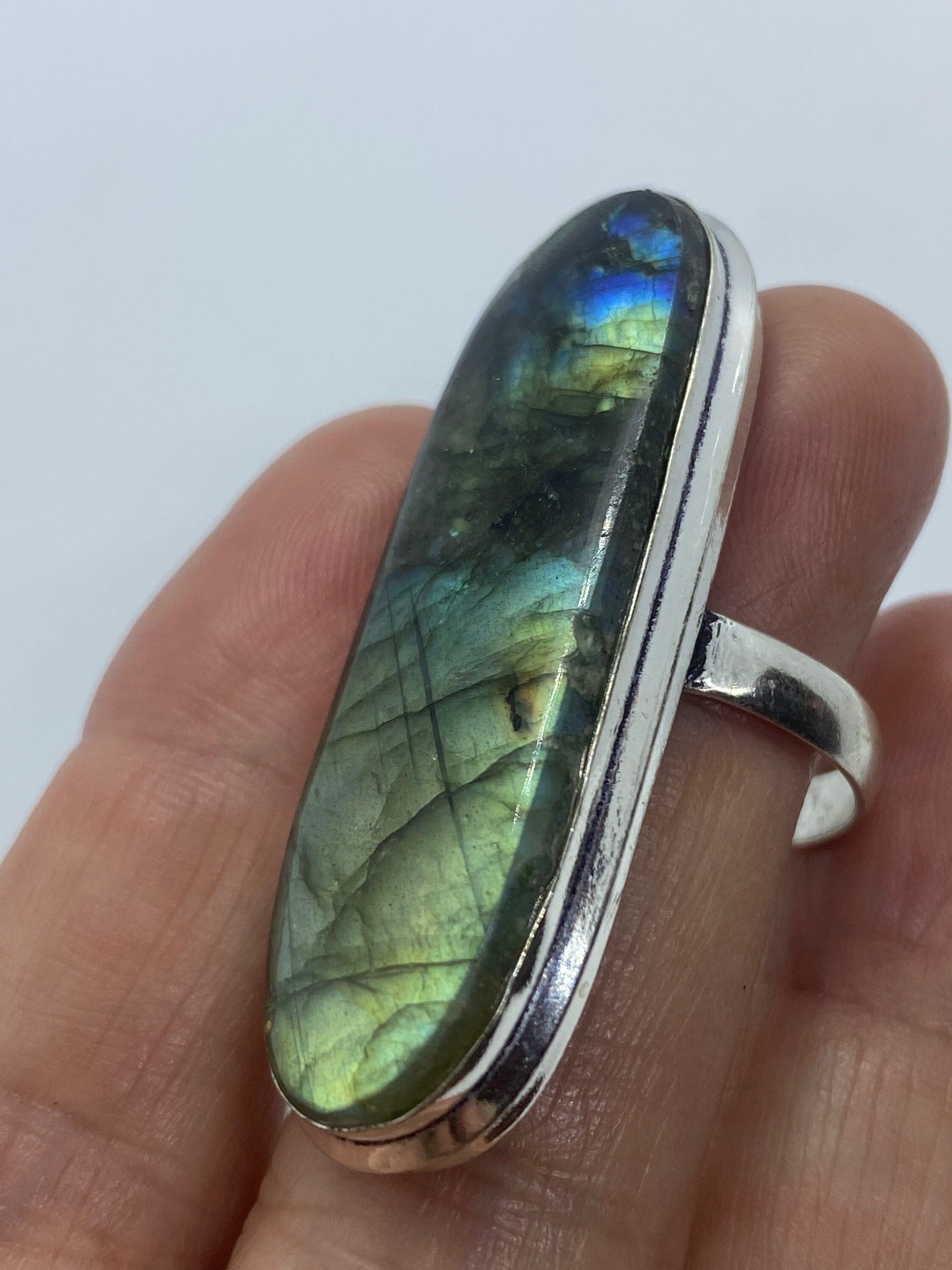 Vintage Large Blue Green Labradorite Stone Silver Ring