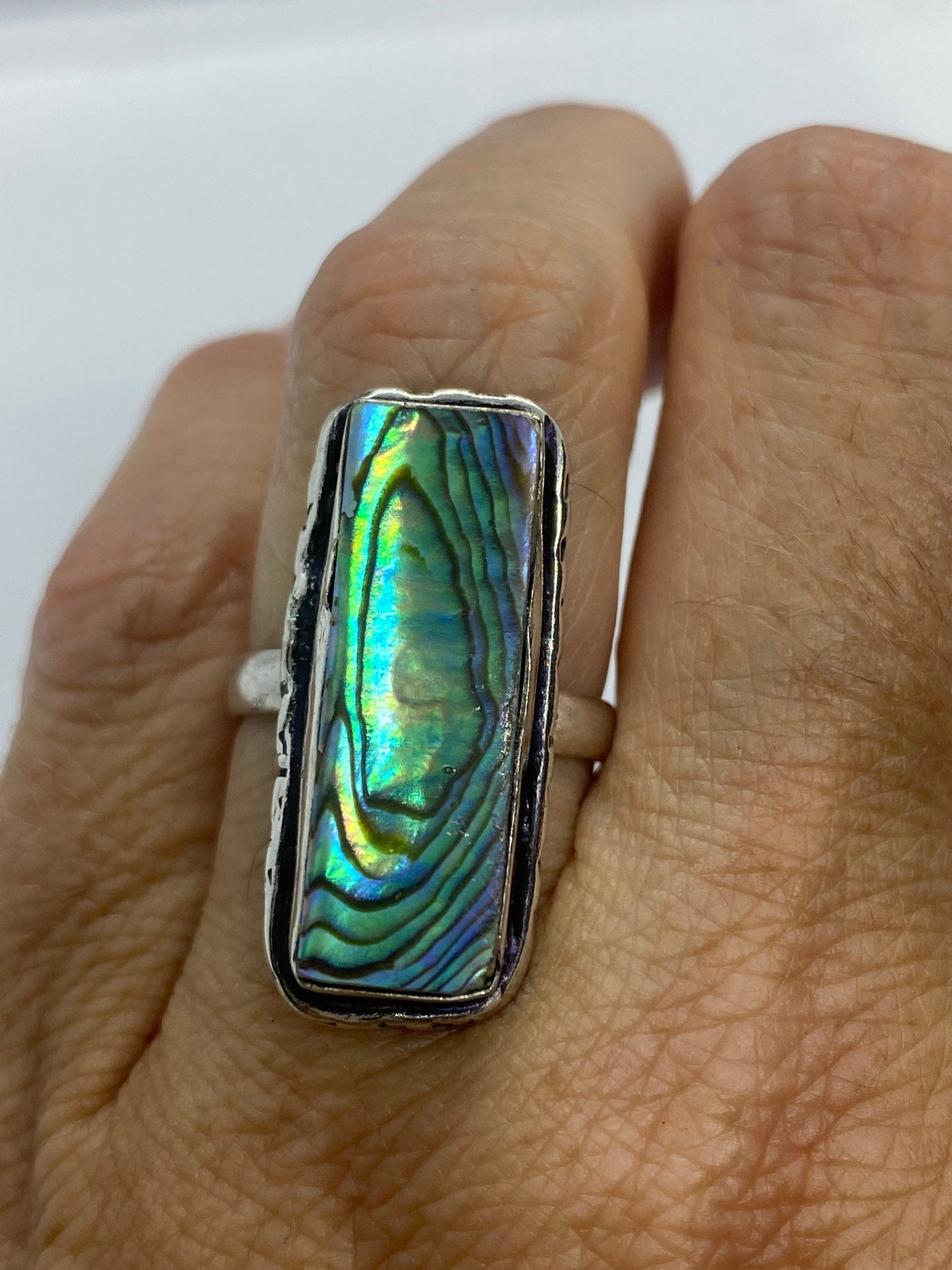 Antique Green Abalone White Bronze Silver Ring