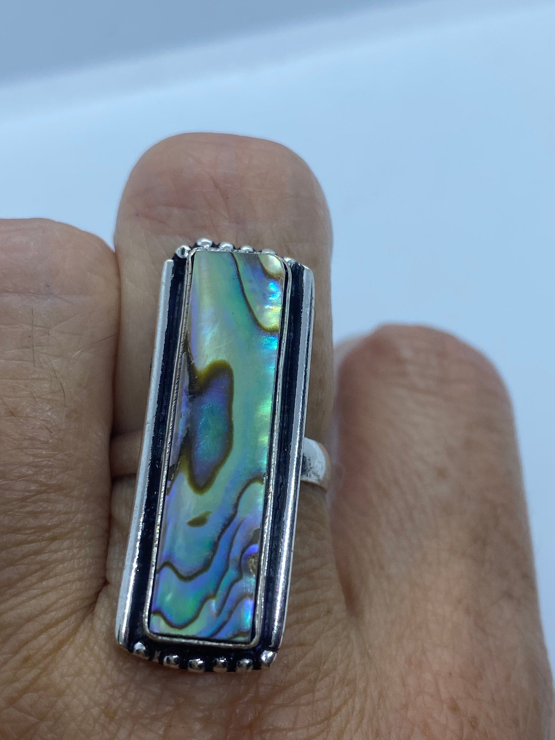 Antique Green Abalone White Bronze Silver Ring