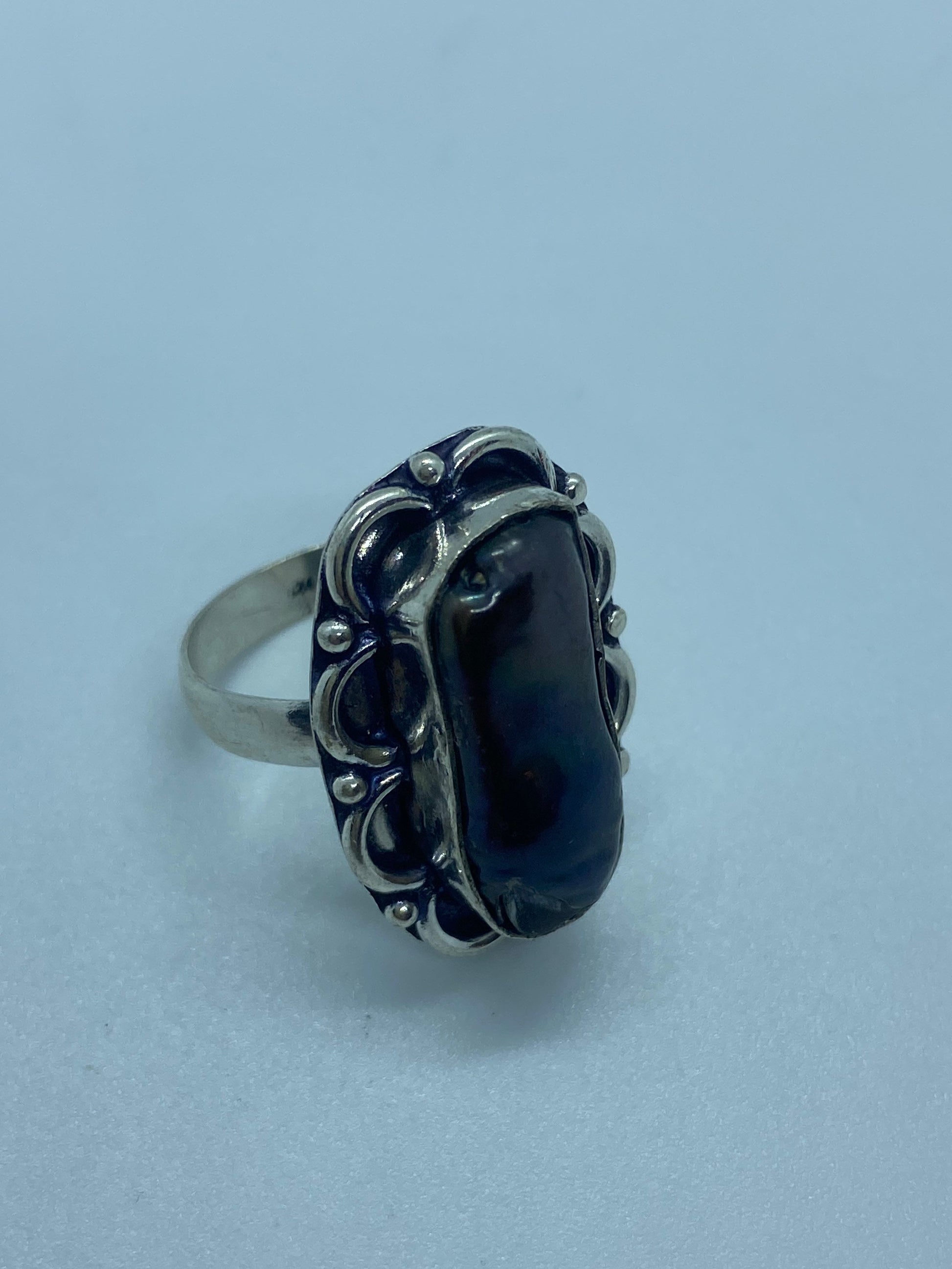Antique Black Genuine Pearl Filigree Silver Ring