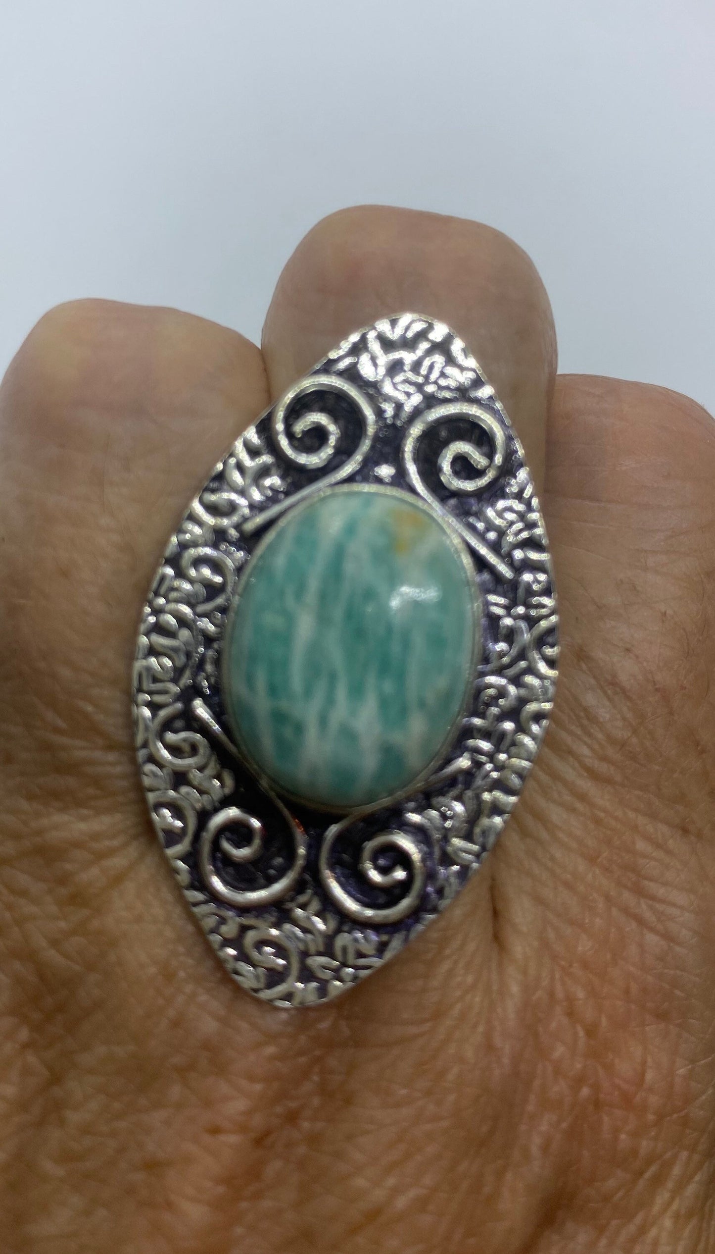 Vintage Green Amazonite Silver Ring Size 8