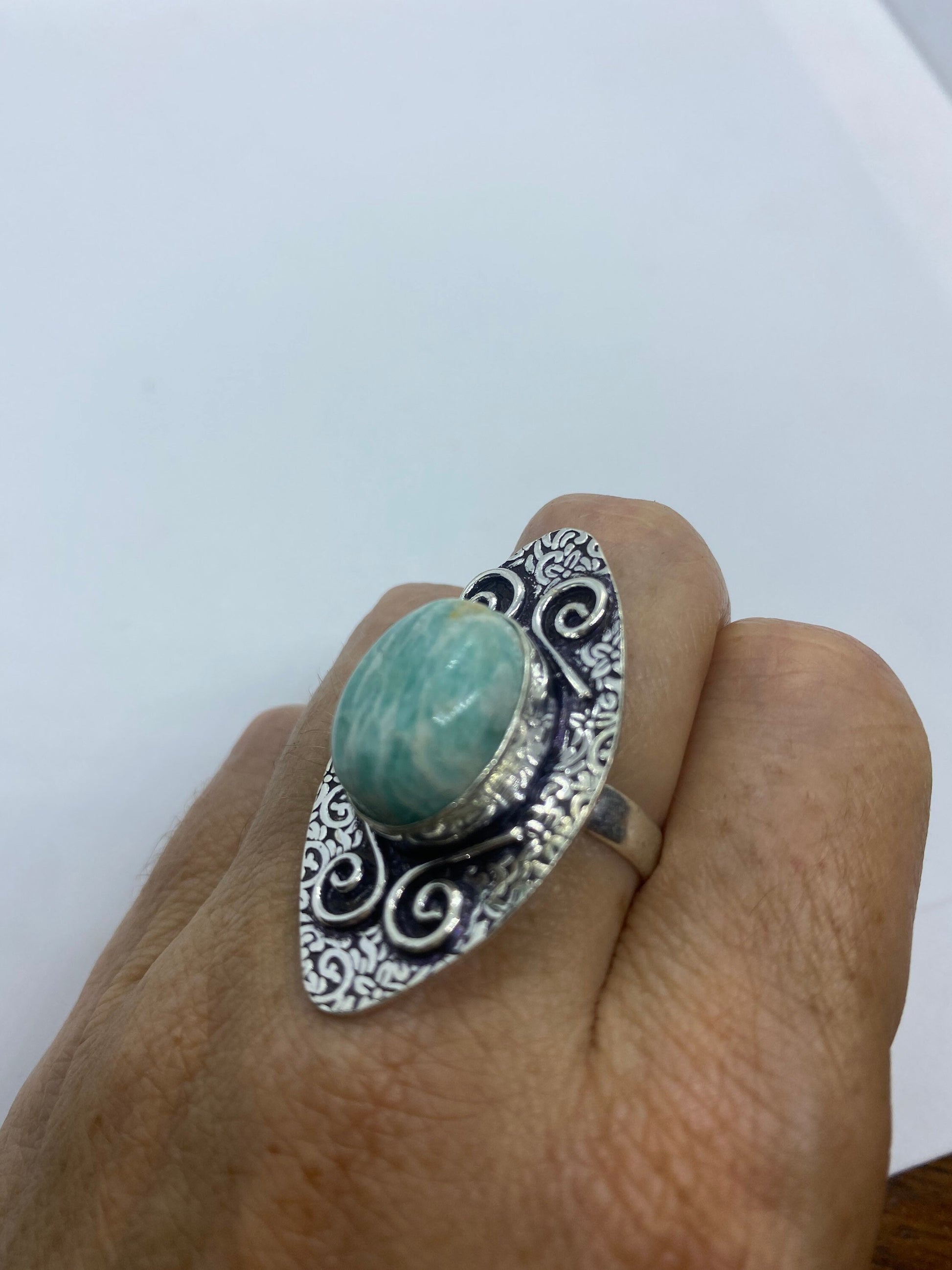 Vintage Green Amazonite Silver Ring Size 8