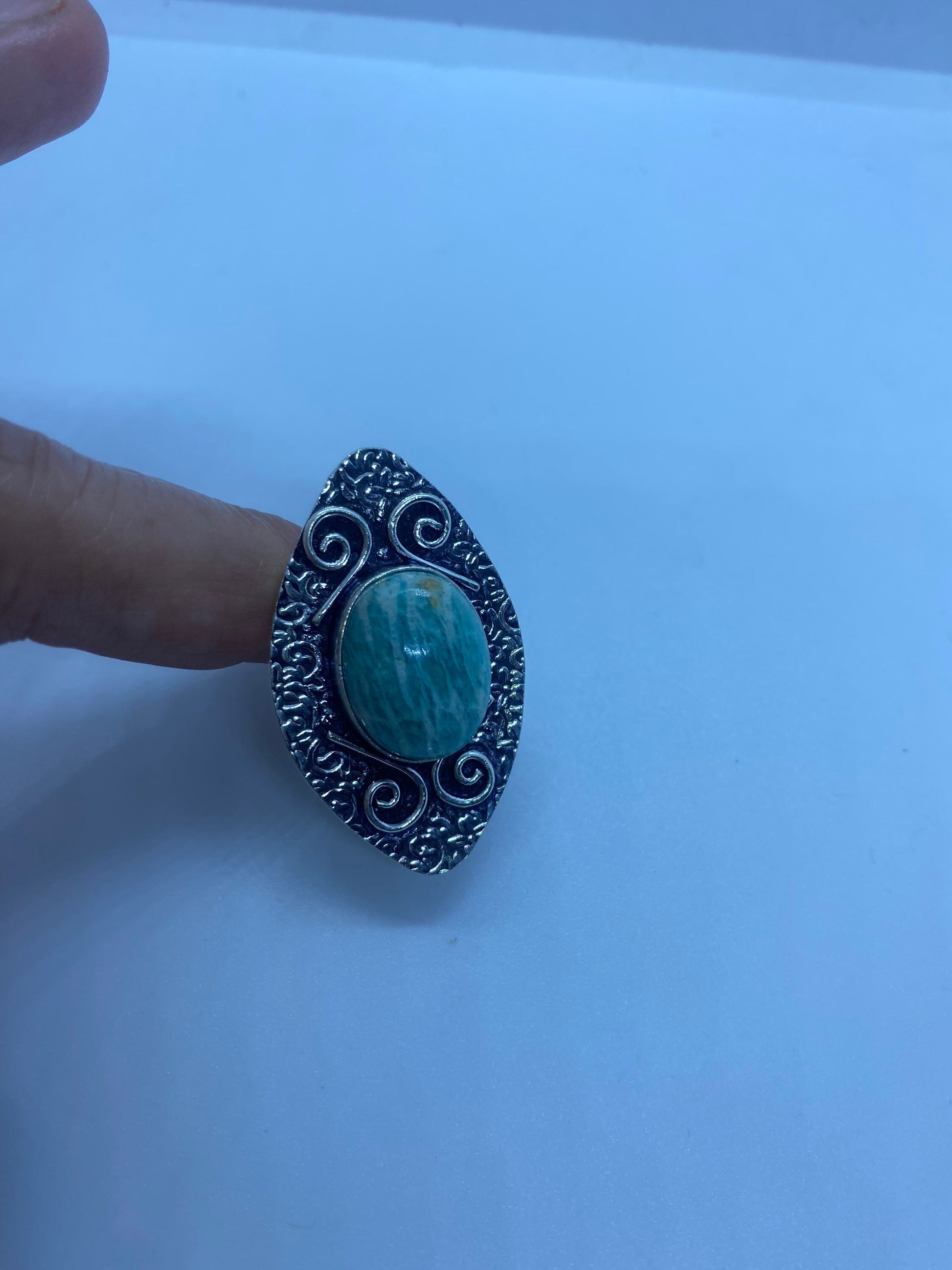 Vintage Green Amazonite Silver Ring Size 8