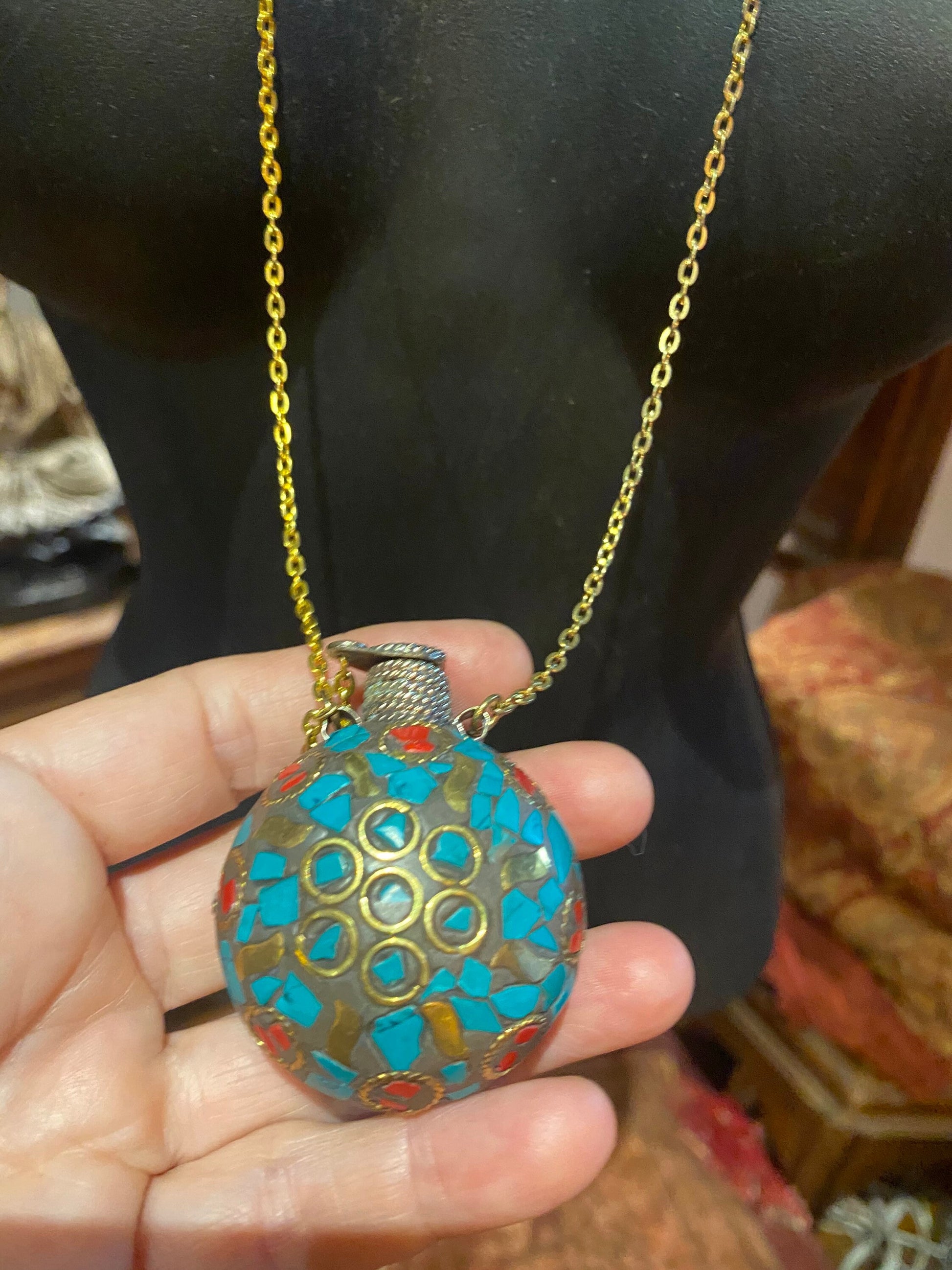 perfume oil bronze bottle handmade vintage mosaic gemstone pendant necklace
