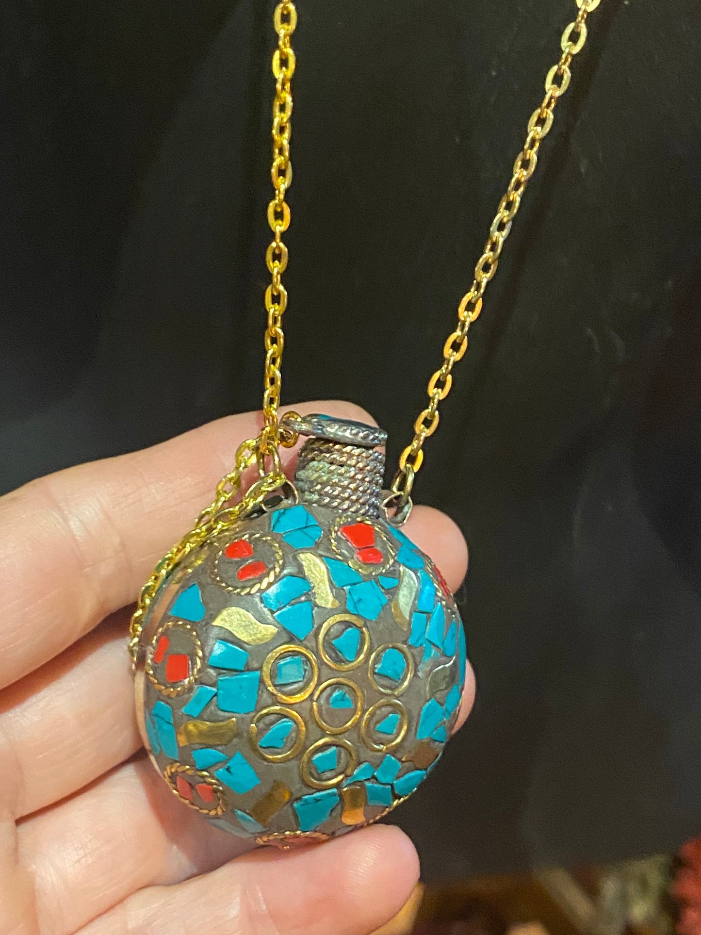 perfume oil bronze bottle handmade vintage mosaic gemstone pendant necklace