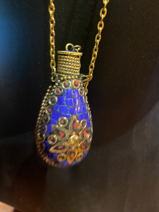 Vintage Perfume Oil Bottle mosaic Inlay Gemstone Pendant Necklace
