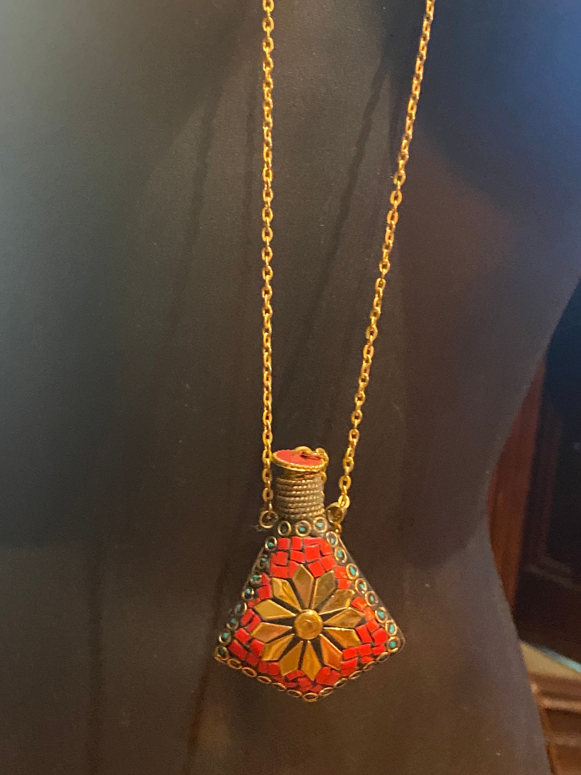 Vintage Perfume Oil Bottle mosaic Inlay Gemstone Pendant Necklace