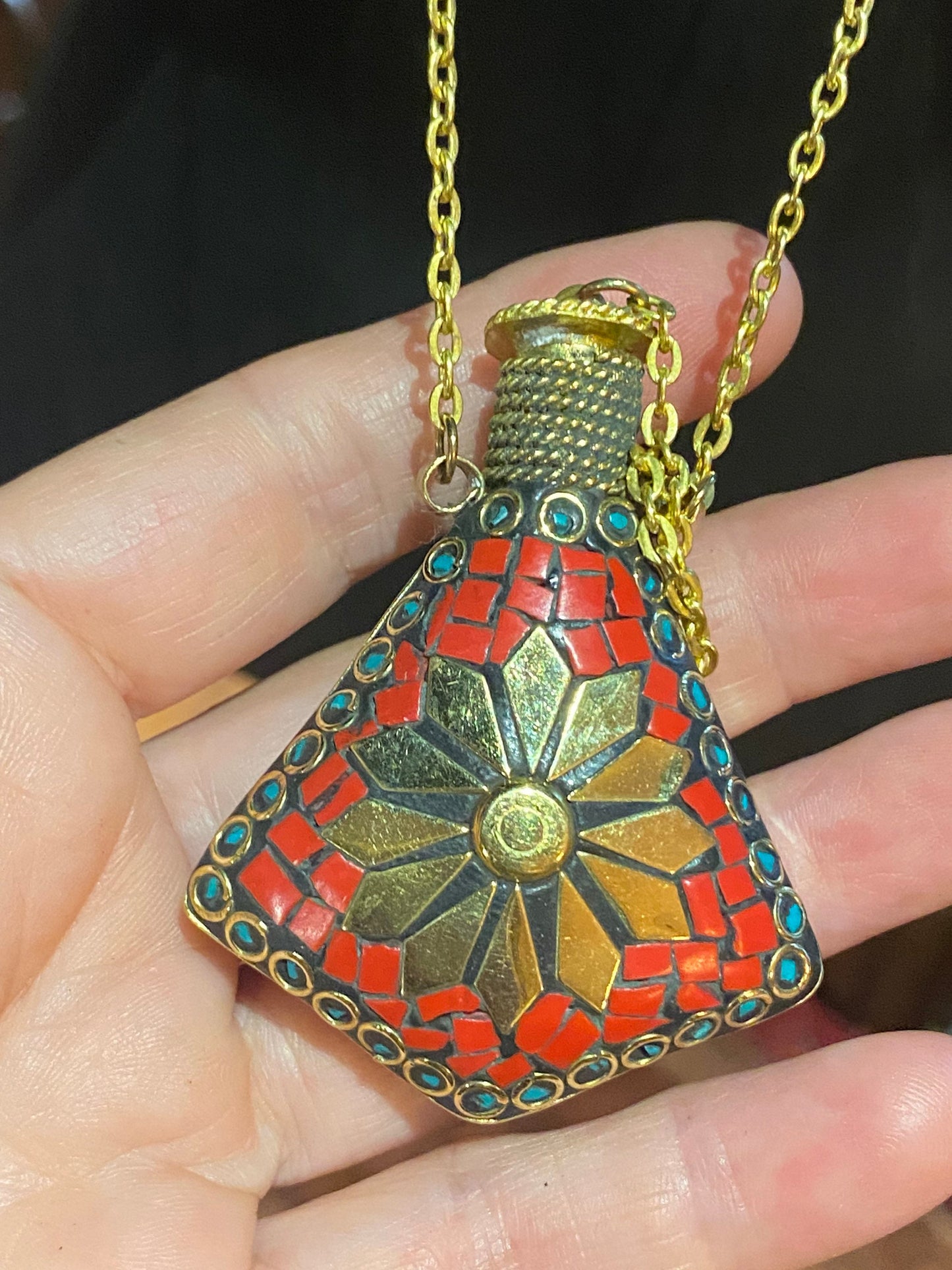 Vintage Perfume Oil Bottle mosaic Inlay Gemstone Pendant Necklace