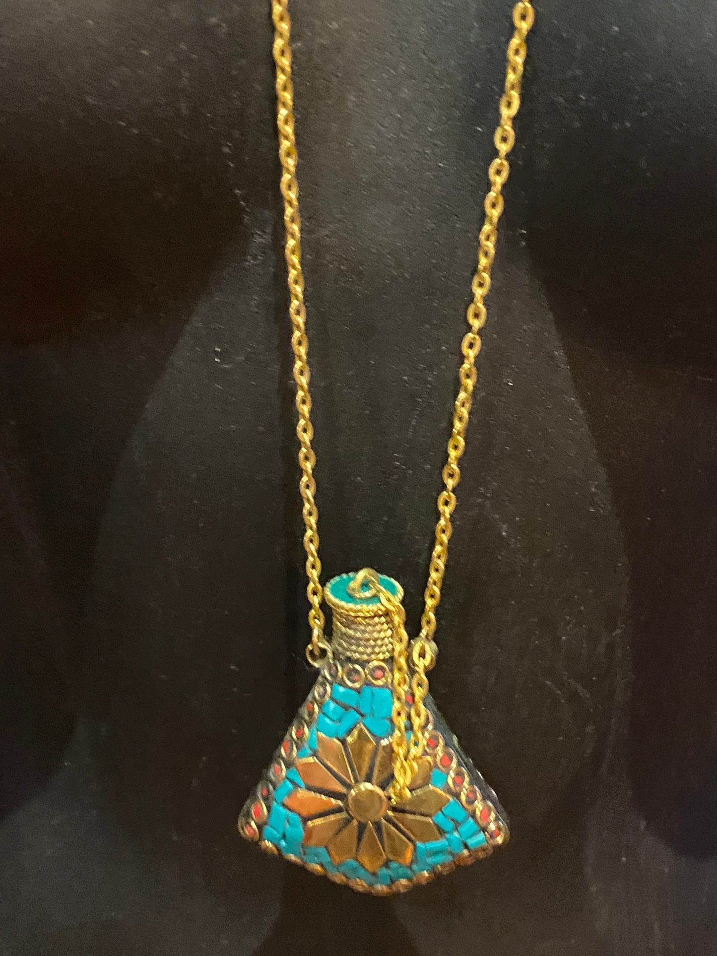 Vintage Perfume Oil Bottle mosaic Inlay Gemstone Pendant Necklace