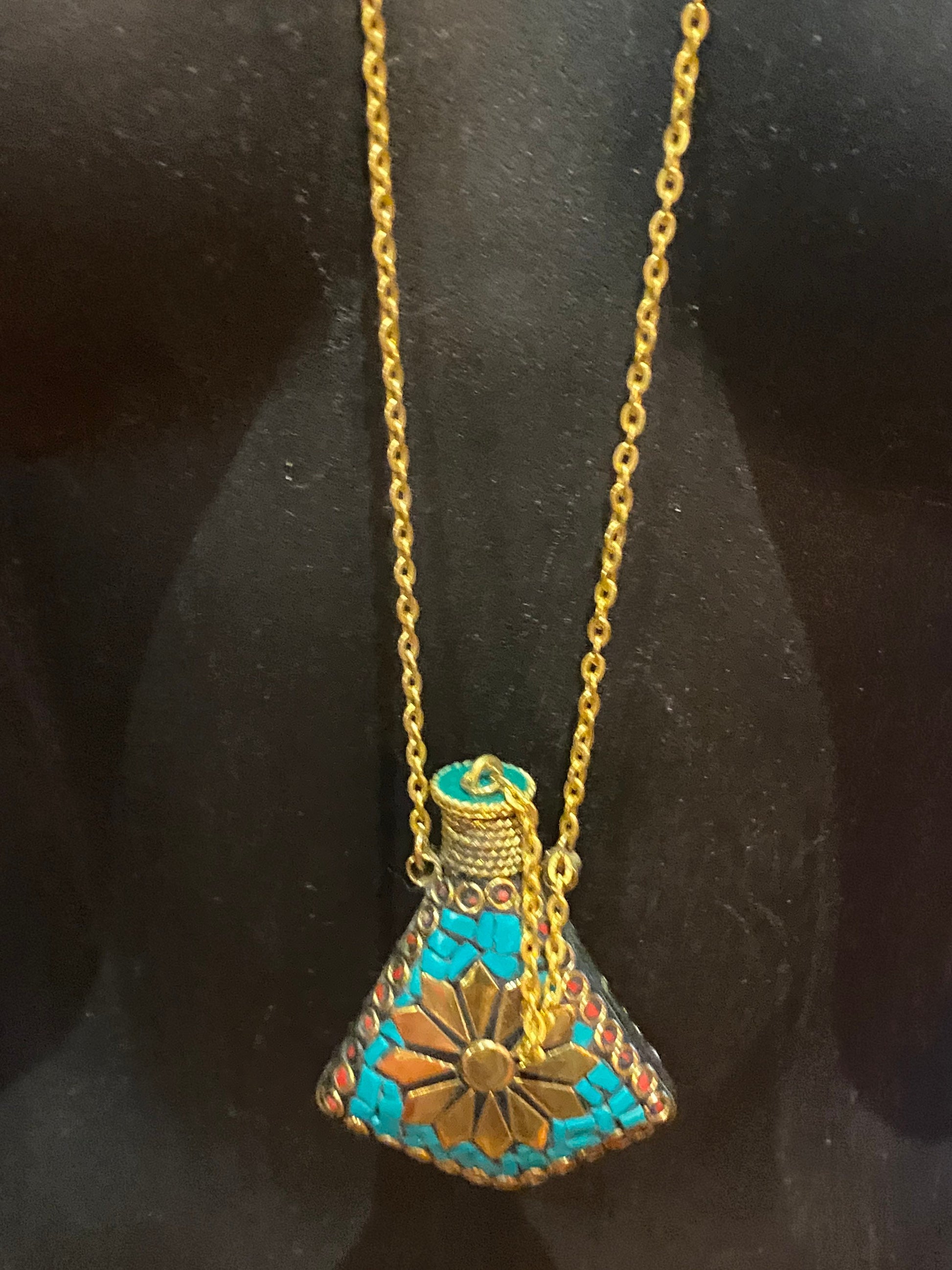 Vintage Perfume Oil Bottle mosaic Inlay Gemstone Pendant Necklace