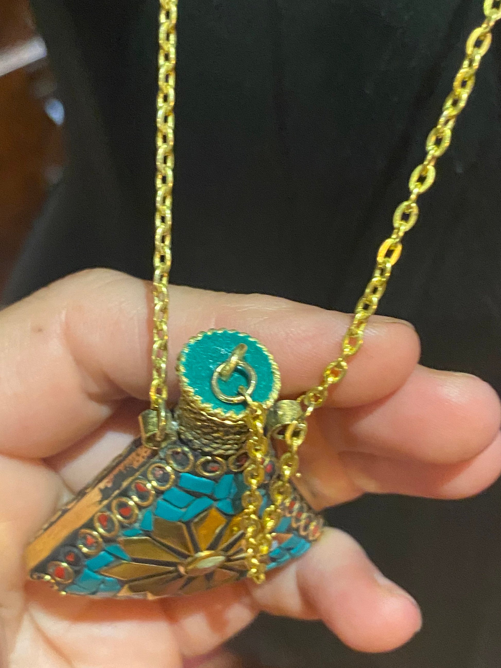 Vintage Perfume Oil Bottle mosaic Inlay Gemstone Pendant Necklace