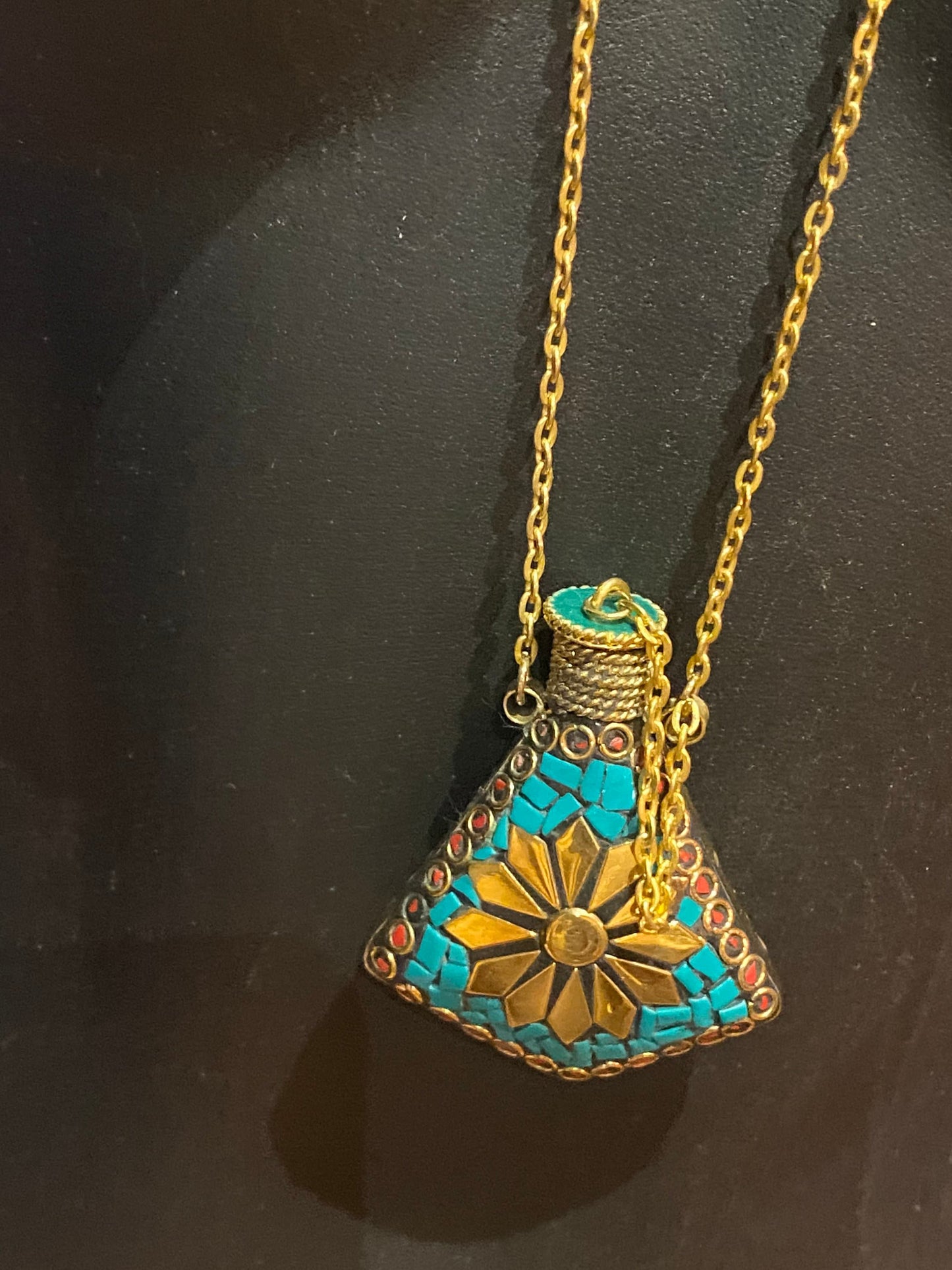 Vintage Perfume Oil Bottle mosaic Inlay Gemstone Pendant Necklace