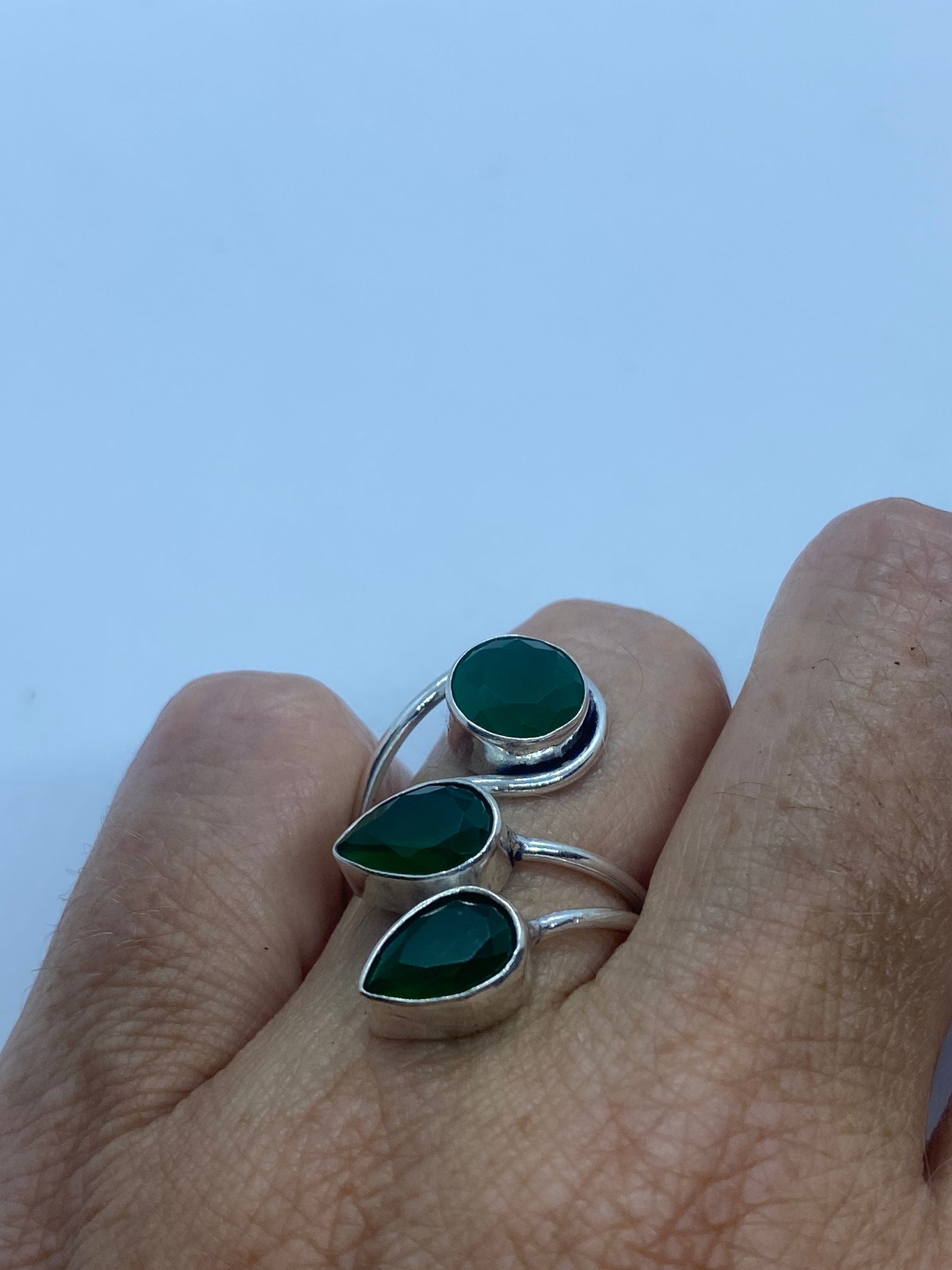 Vintage Green Emerald Chrysoprase White Bronze Silver Ring Adjustable