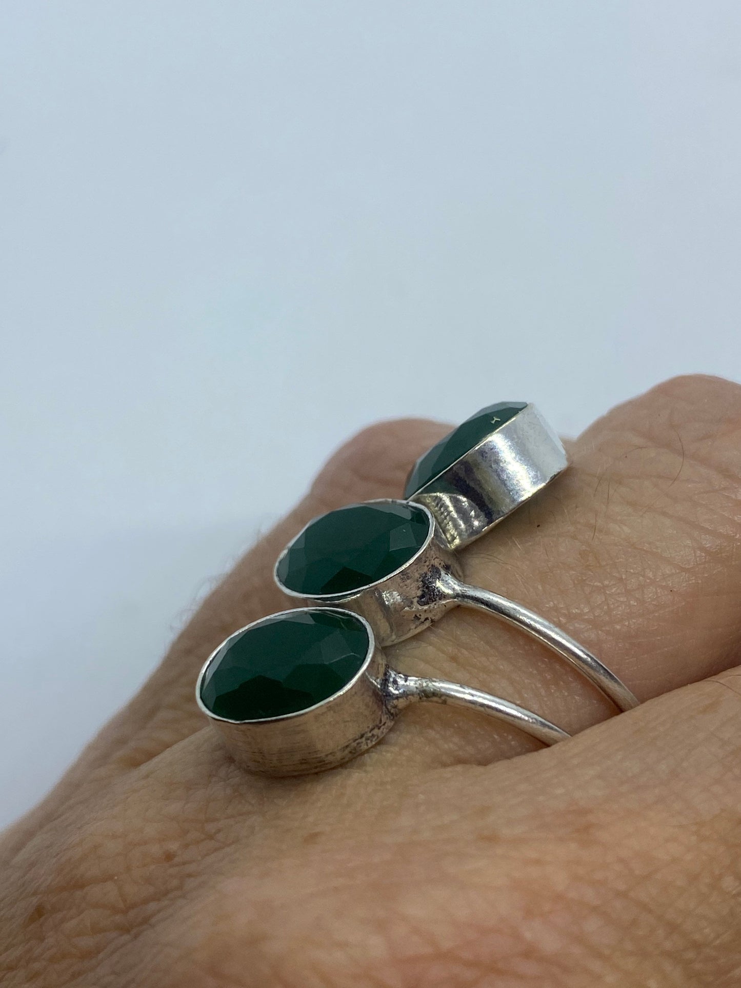 Vintage Green Emerald Chrysoprase White Bronze Silver Ring Adjustable