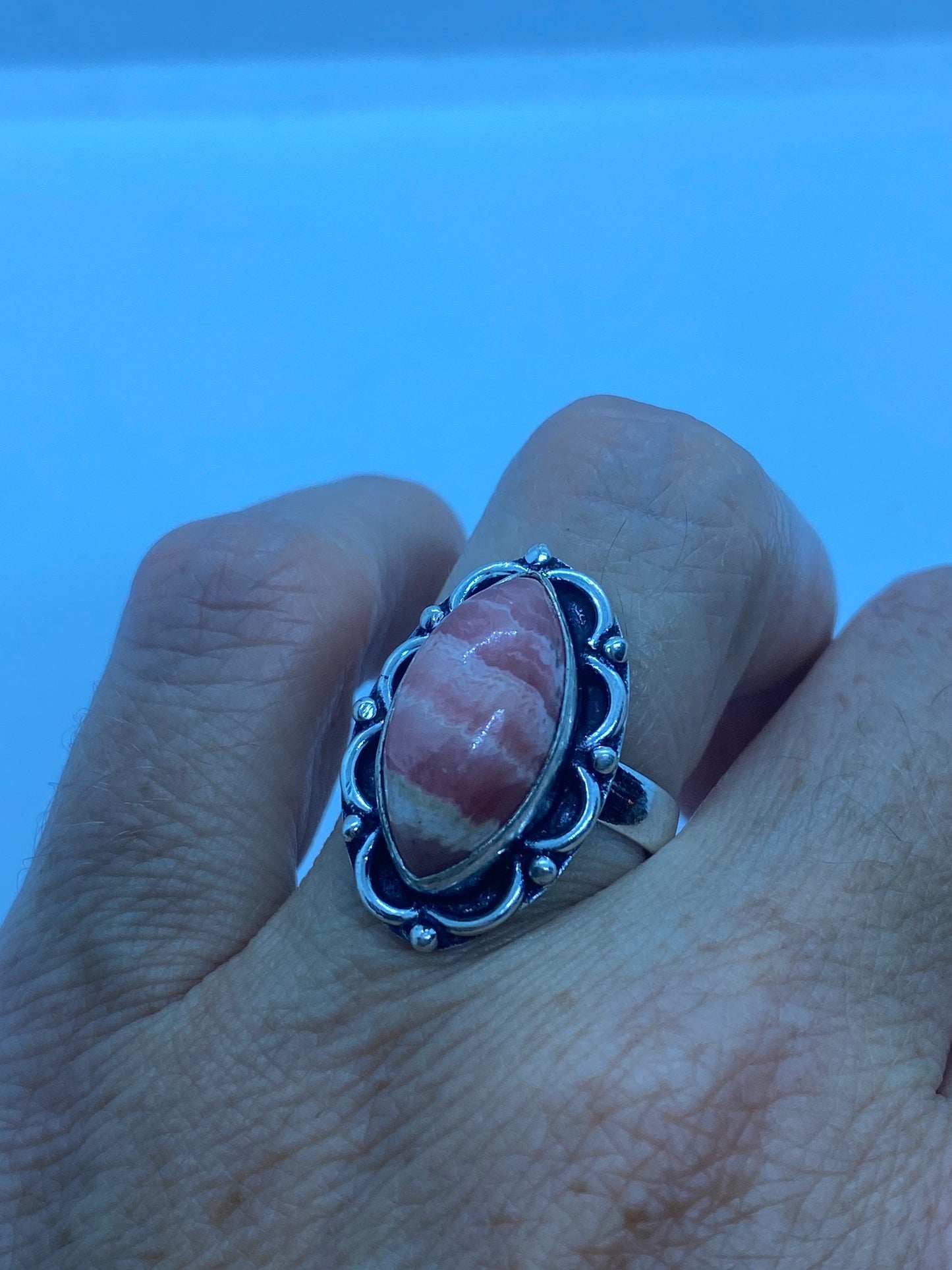 Vintage Pink Rhodocrocite Ring Silver Cocktail