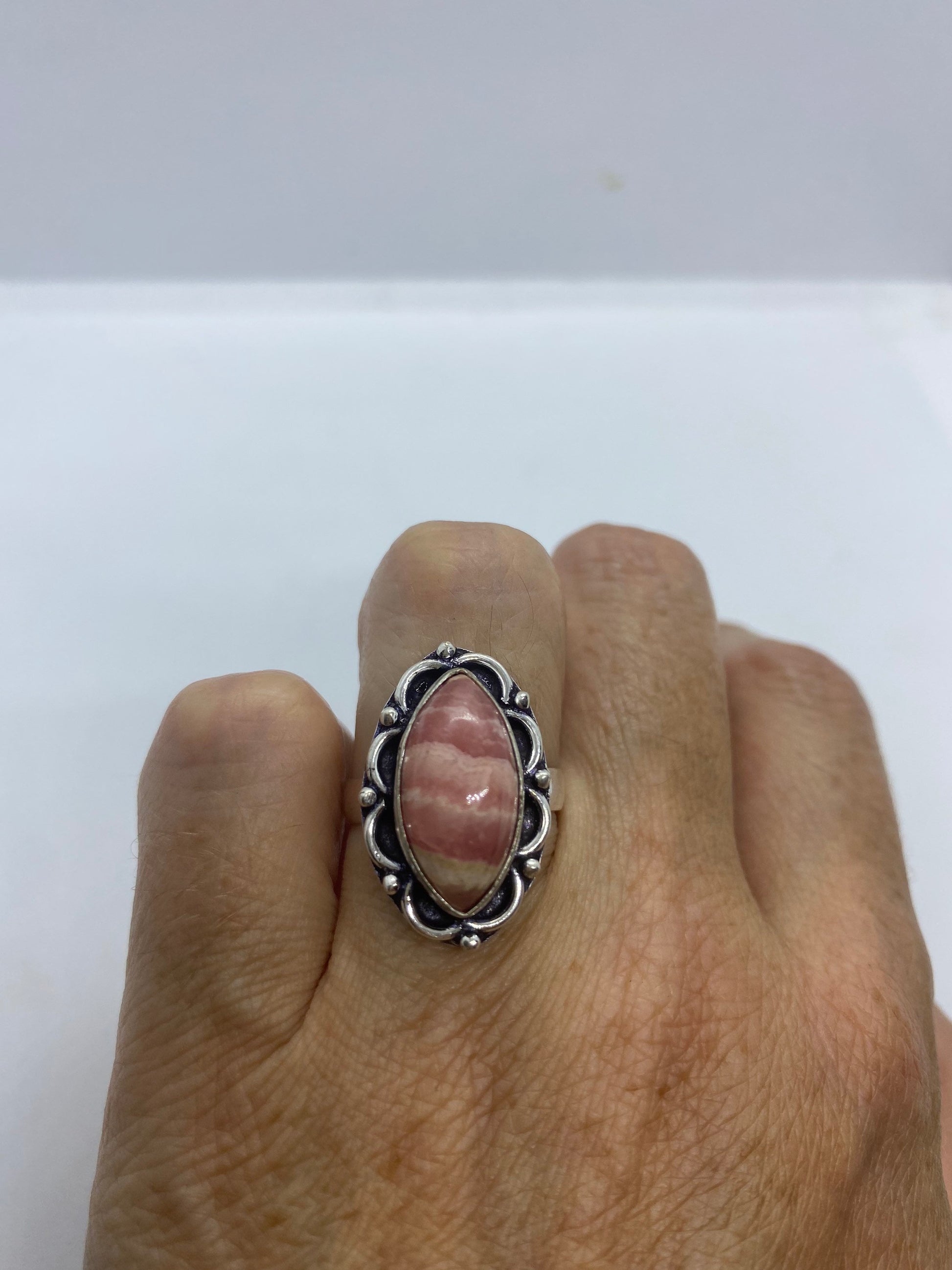 Vintage Pink Rhodocrocite Ring Silver Cocktail