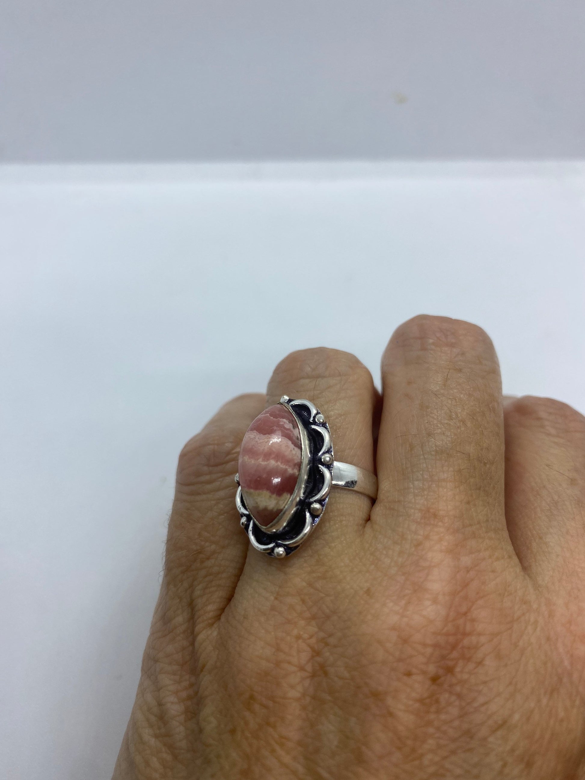 Vintage Pink Rhodocrocite Ring Silver Cocktail