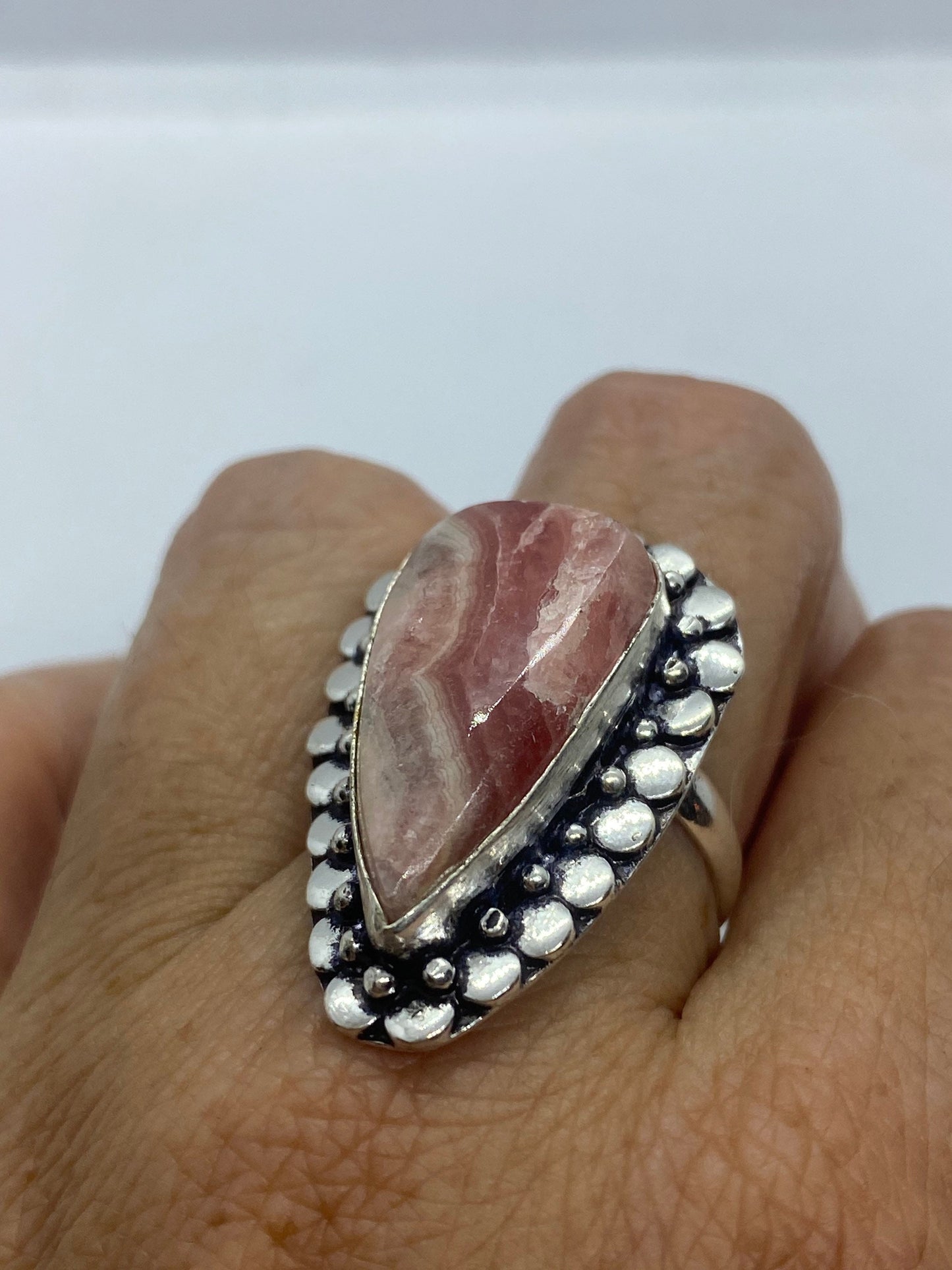 Vintage Pink Rhodocrocite Ring Silver Cocktail