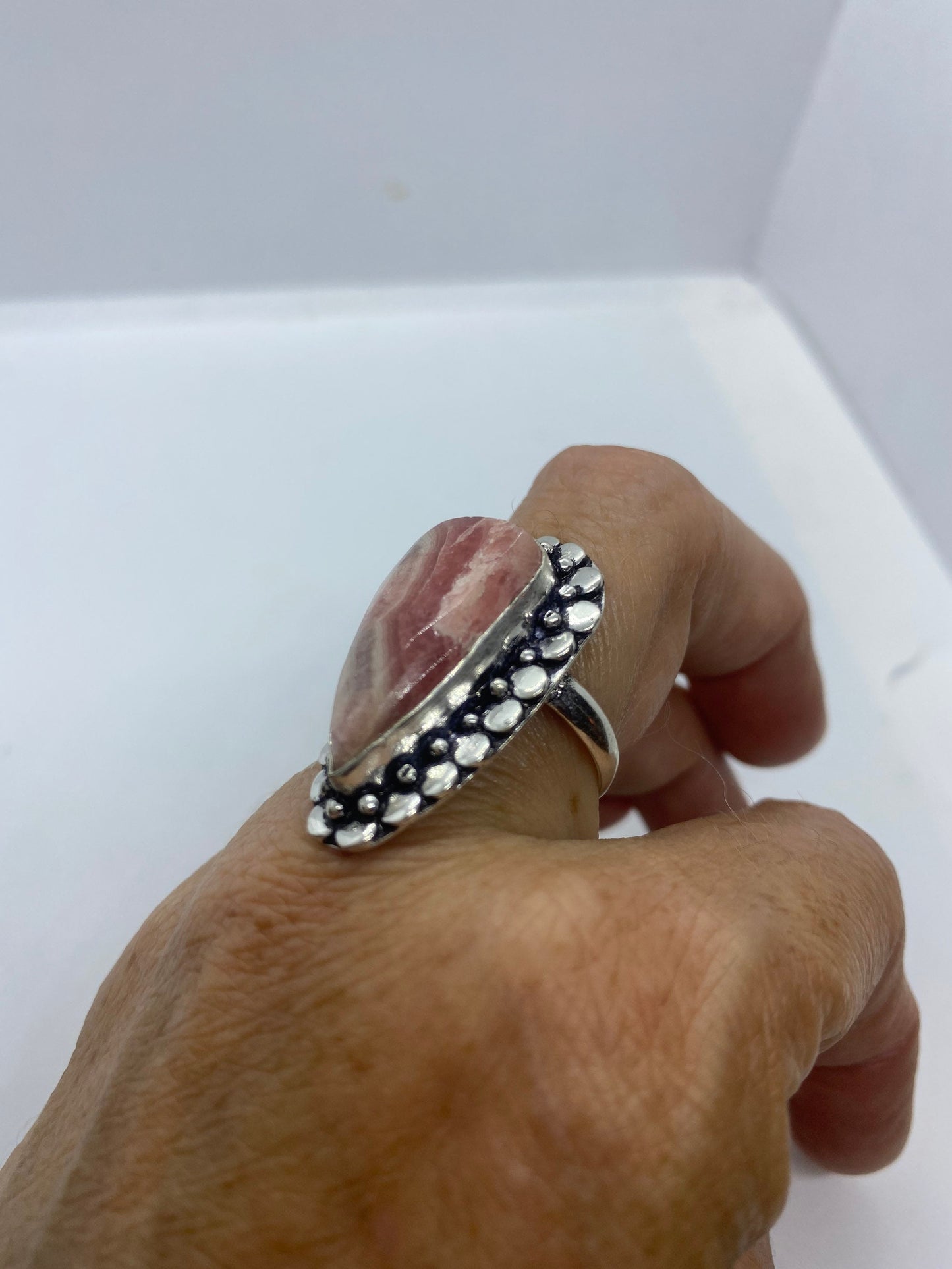 Vintage Pink Rhodocrocite Ring Silver Cocktail