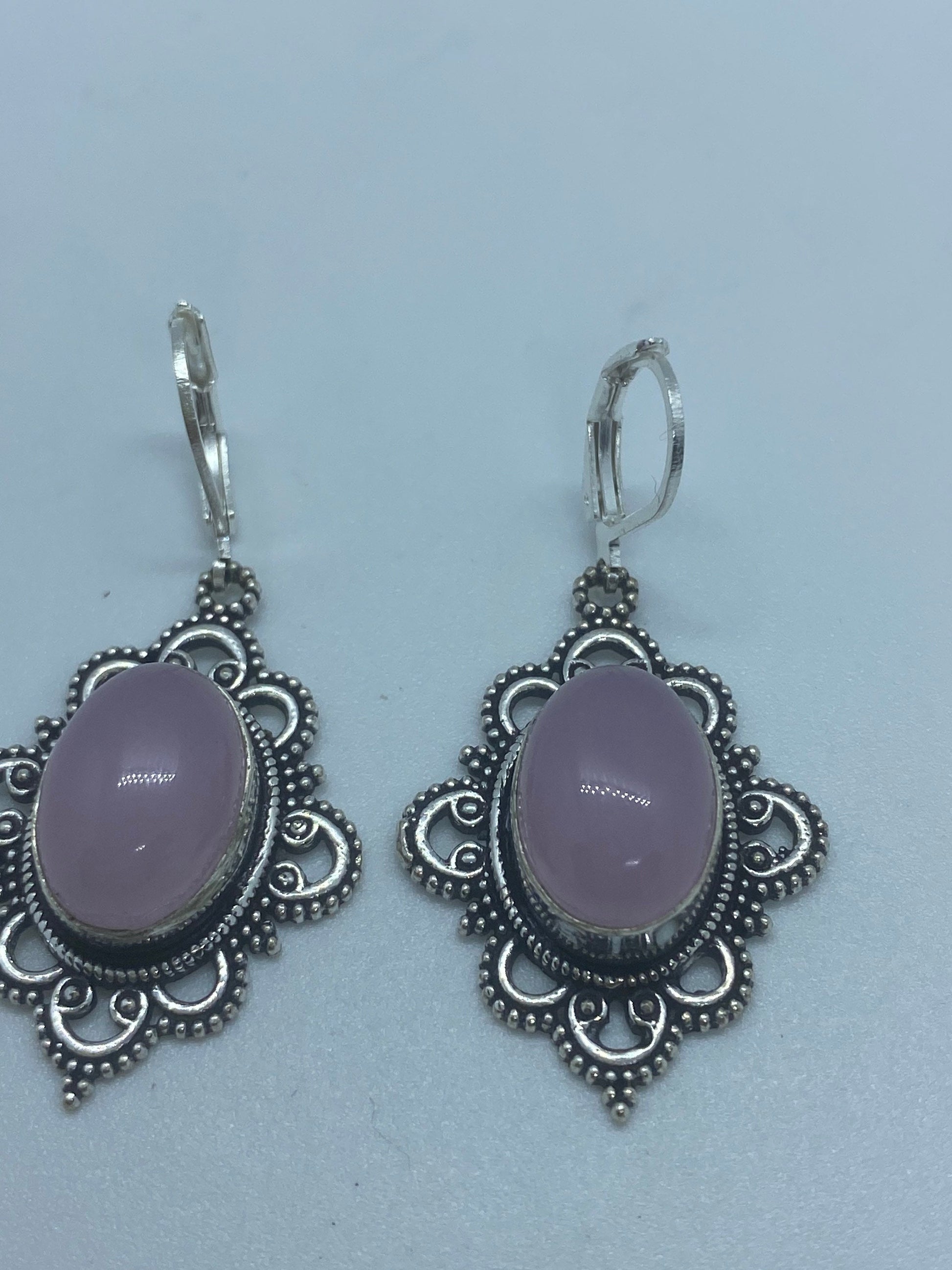 Vintage Genuine Rose Quartz Gemstone Filigree Sterling Silver Lever Back Dangle Earrings