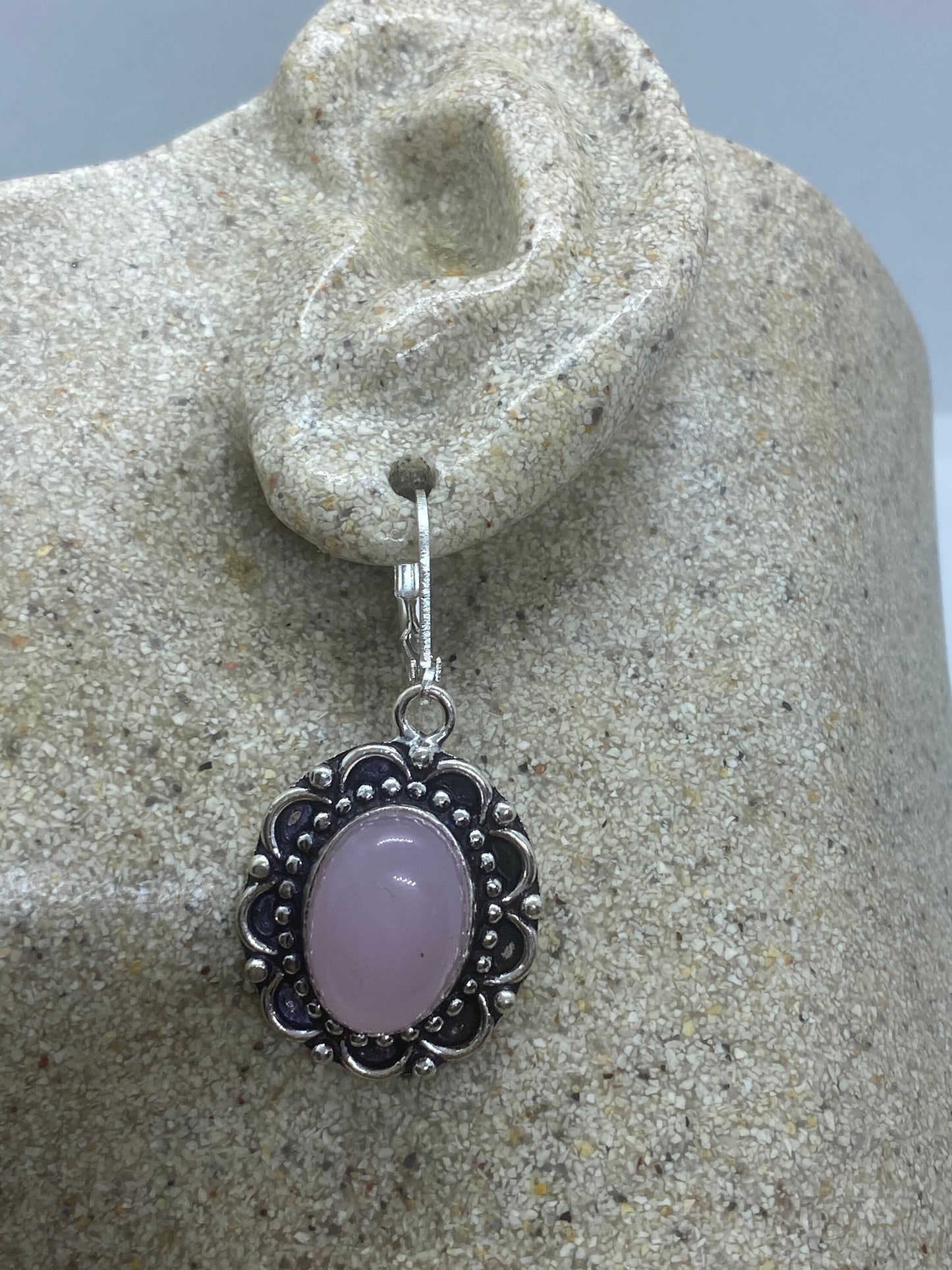 Vintage Genuine Rose Quartz Gemstone Filigree Sterling Silver Lever Back Dangle Earrings