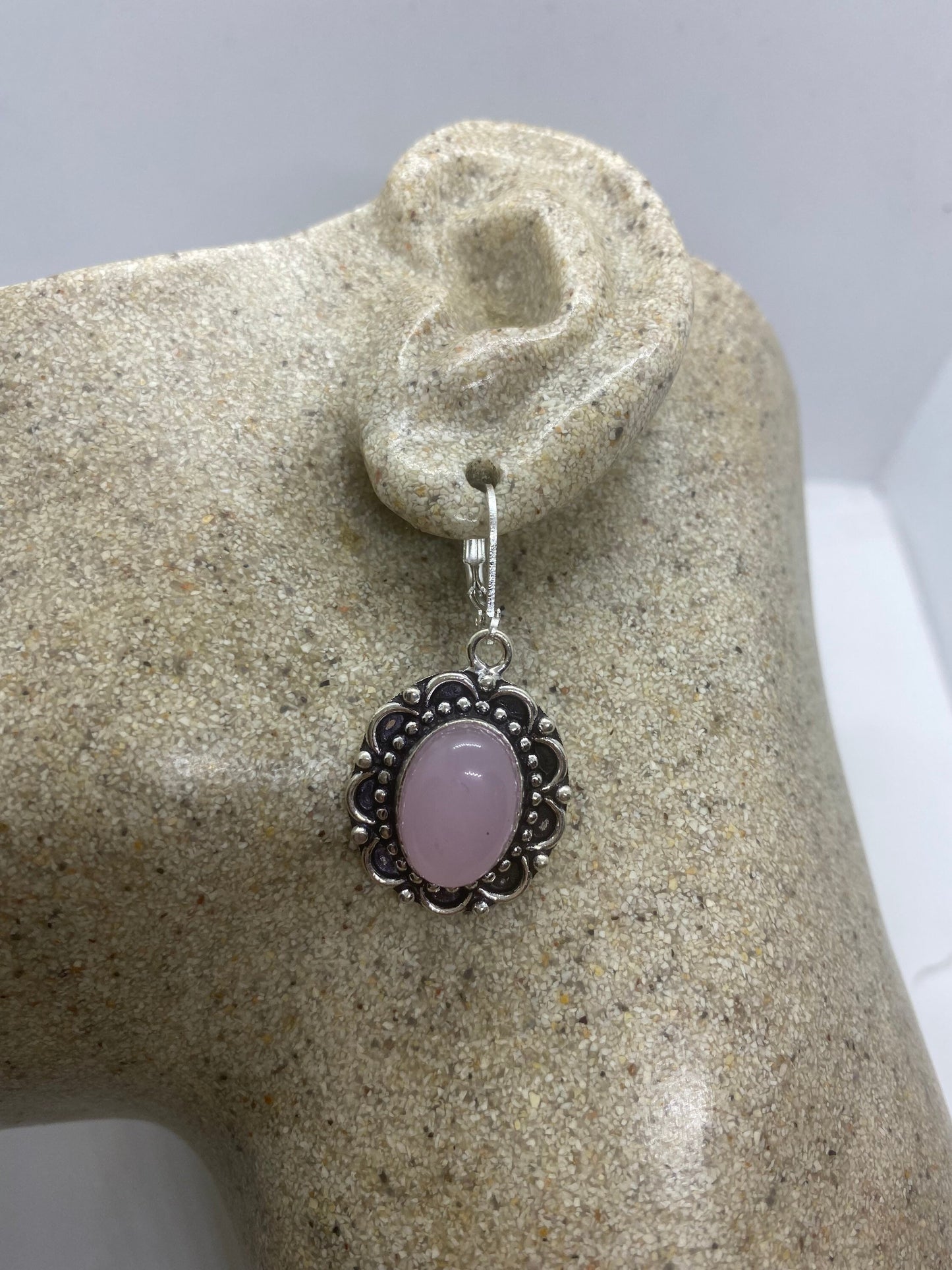 Vintage Genuine Rose Quartz Gemstone Filigree Sterling Silver Lever Back Dangle Earrings