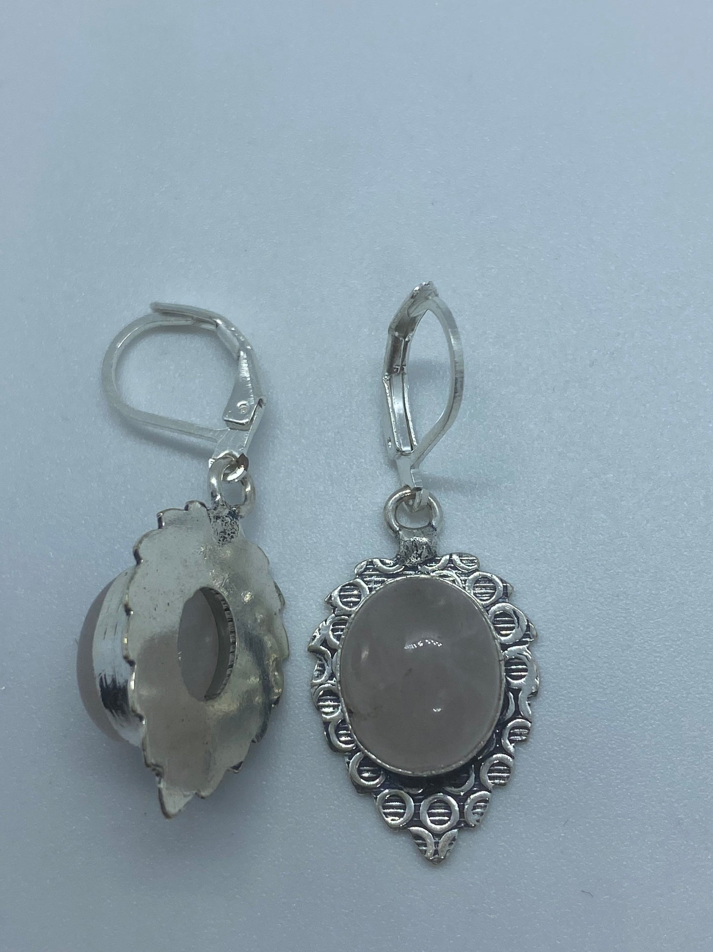 Vintage Genuine Rose Quartz Gemstone Filigree Sterling Silver Lever Back Dangle Earrings