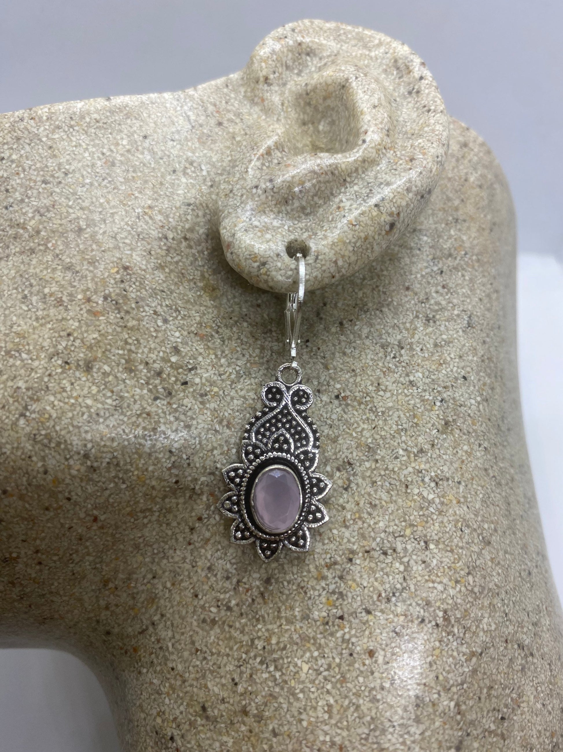 Vintage Genuine Rose Quartz Gemstone Filigree Sterling Silver Lever Back Dangle Earrings