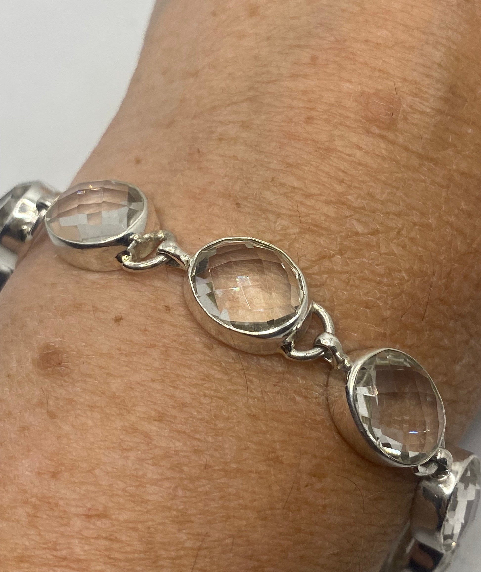 Vintage Clear Quartz 925 Sterling Silver Toggle Bracelet