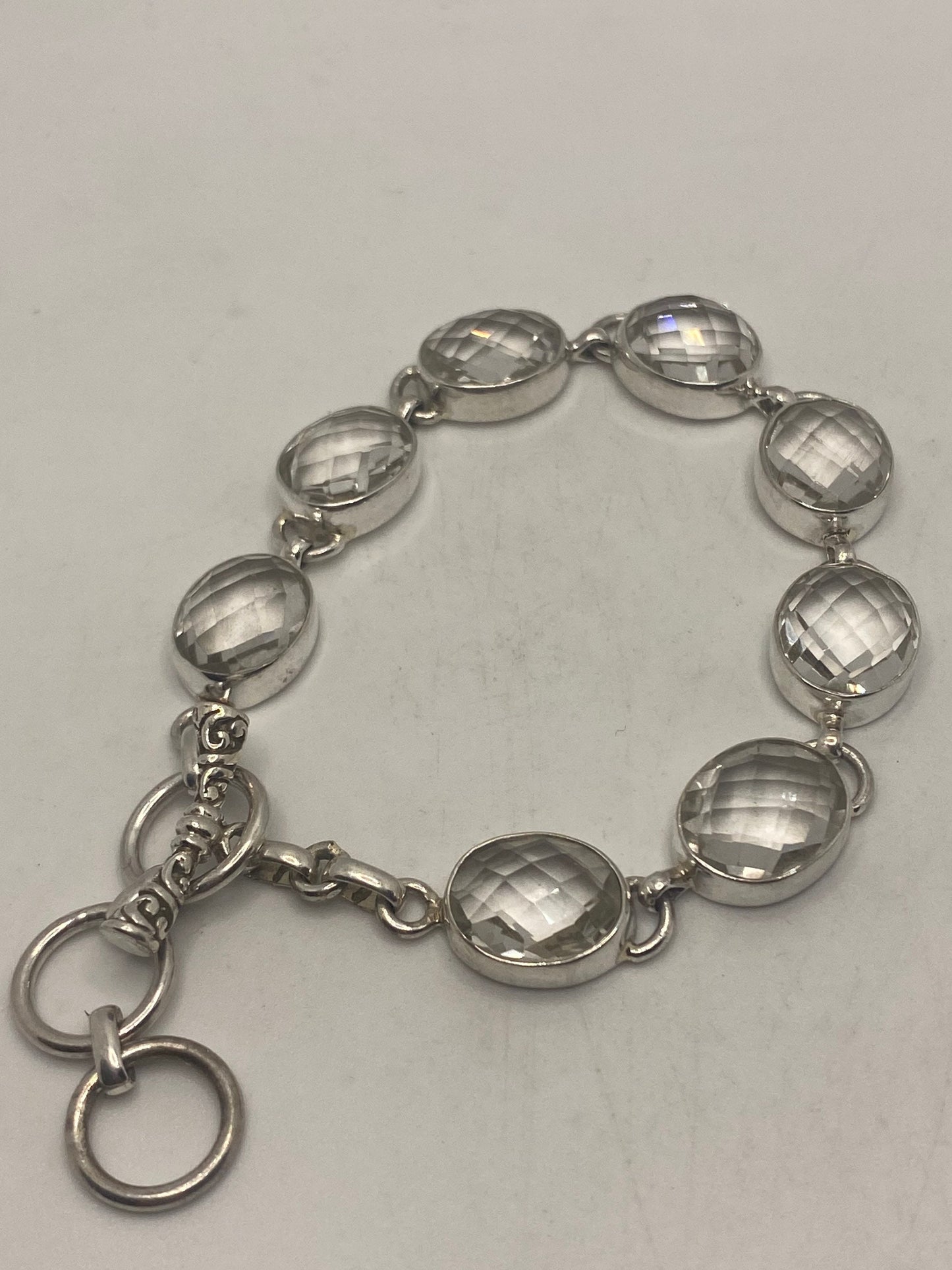 Vintage Clear Quartz 925 Sterling Silver Toggle Bracelet