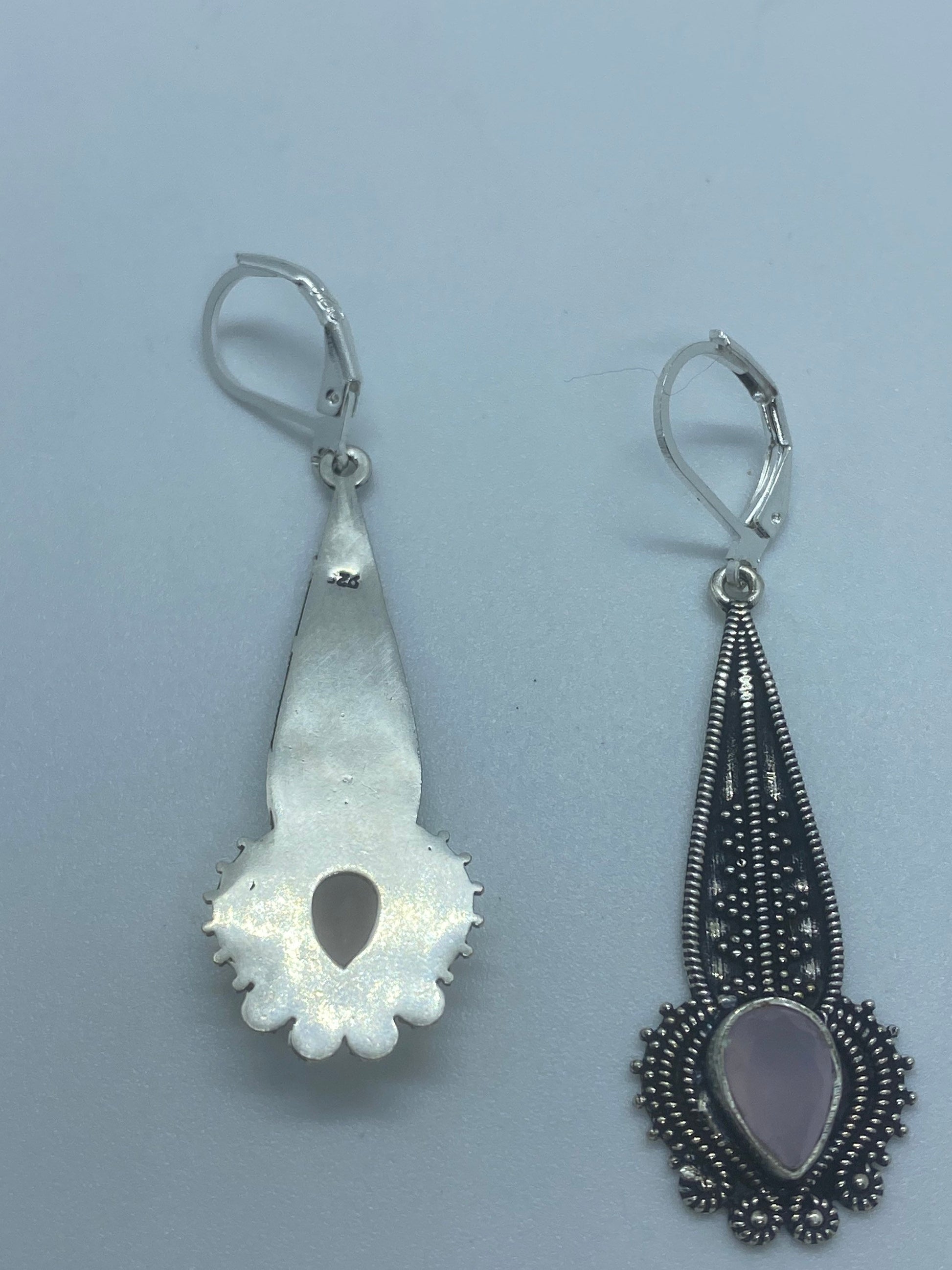 Vintage Genuine Rose Quartz Gemstone Filigree Sterling Silver Lever Back Dangle Earrings