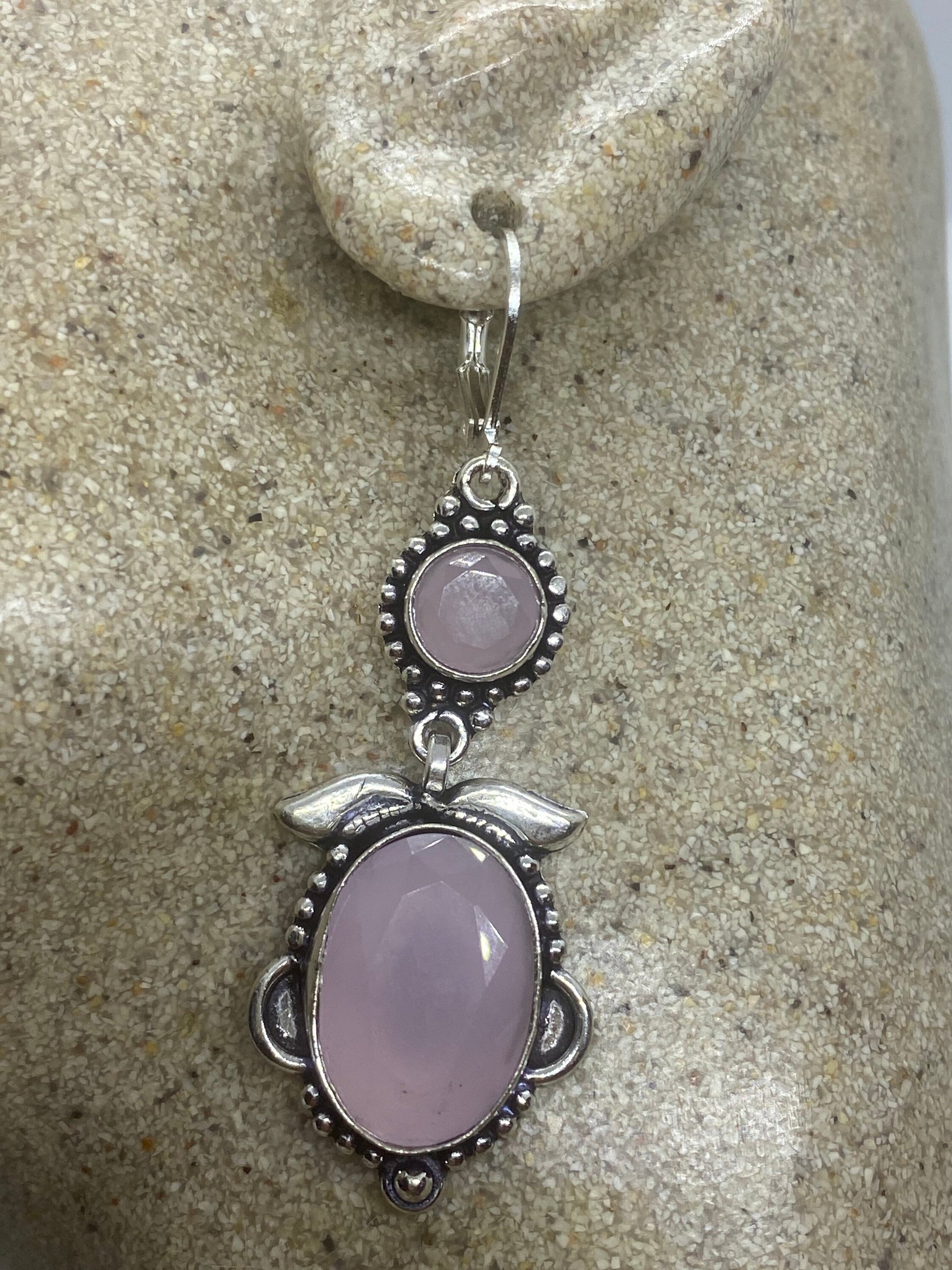 Vintage Genuine Rose Quartz Gemstone Filigree Sterling Silver Lever Back Dangle Earrings