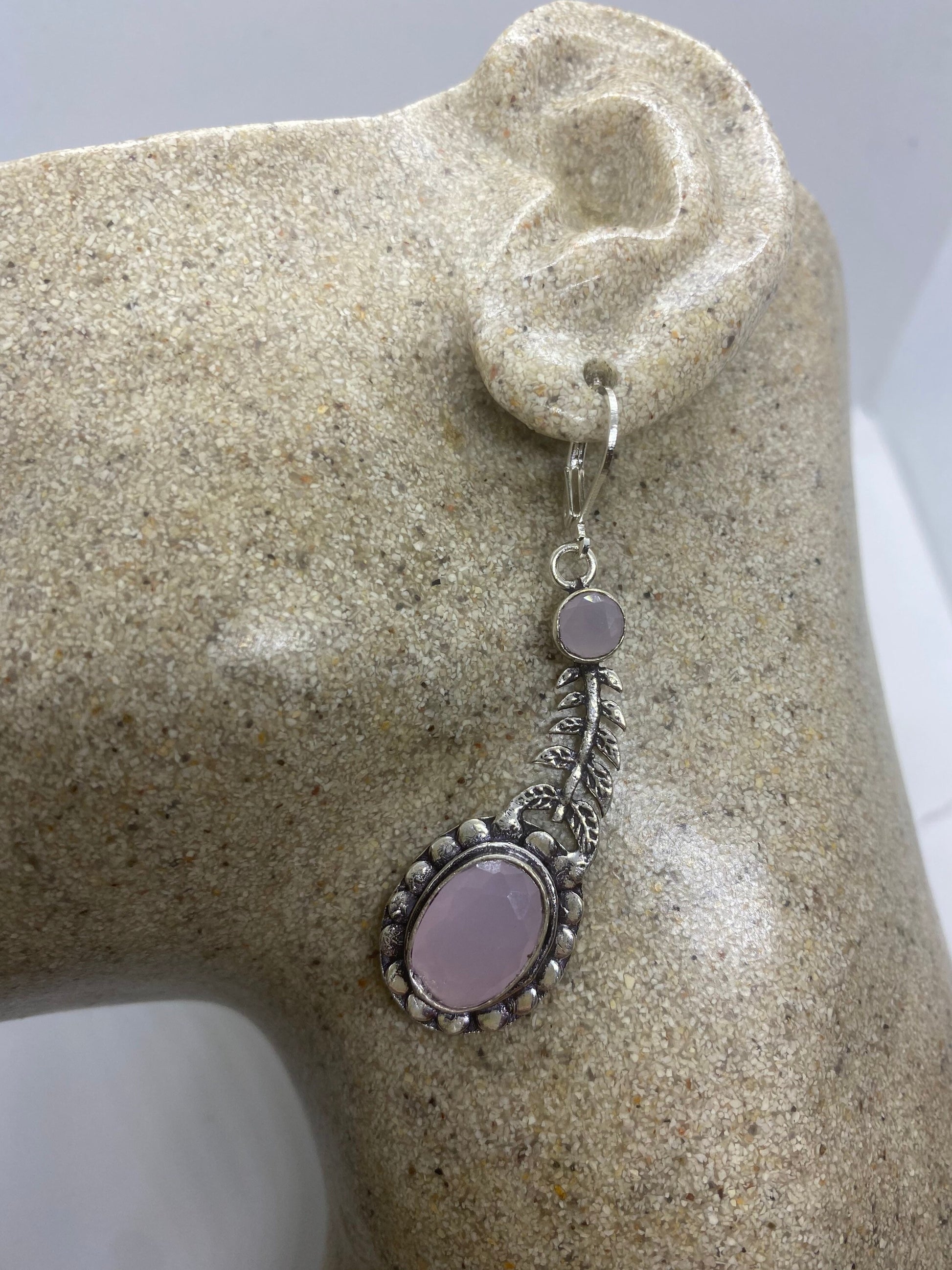 Vintage Genuine Rose Quartz Gemstone Filigree Sterling Silver Lever Back Dangle Earrings