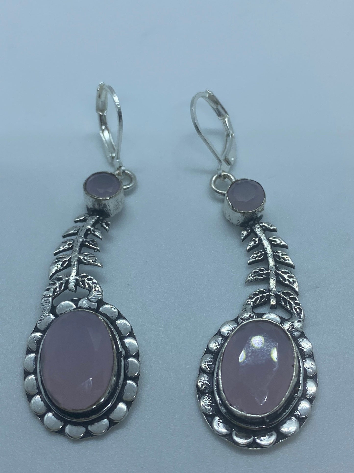 Vintage Genuine Rose Quartz Gemstone Filigree Sterling Silver Lever Back Dangle Earrings