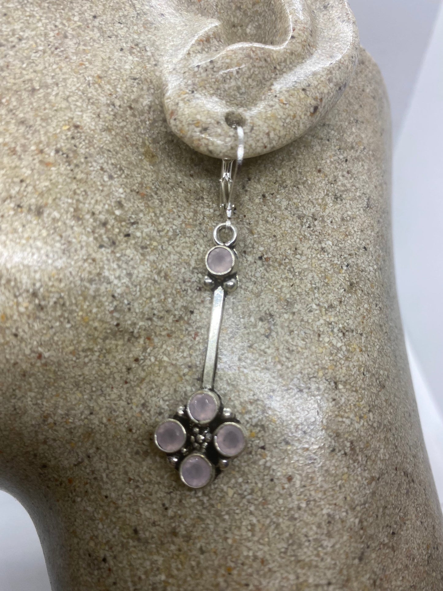 Vintage Genuine Rose Quartz Gemstone Filigree Sterling Silver Lever Back Dangle Earrings