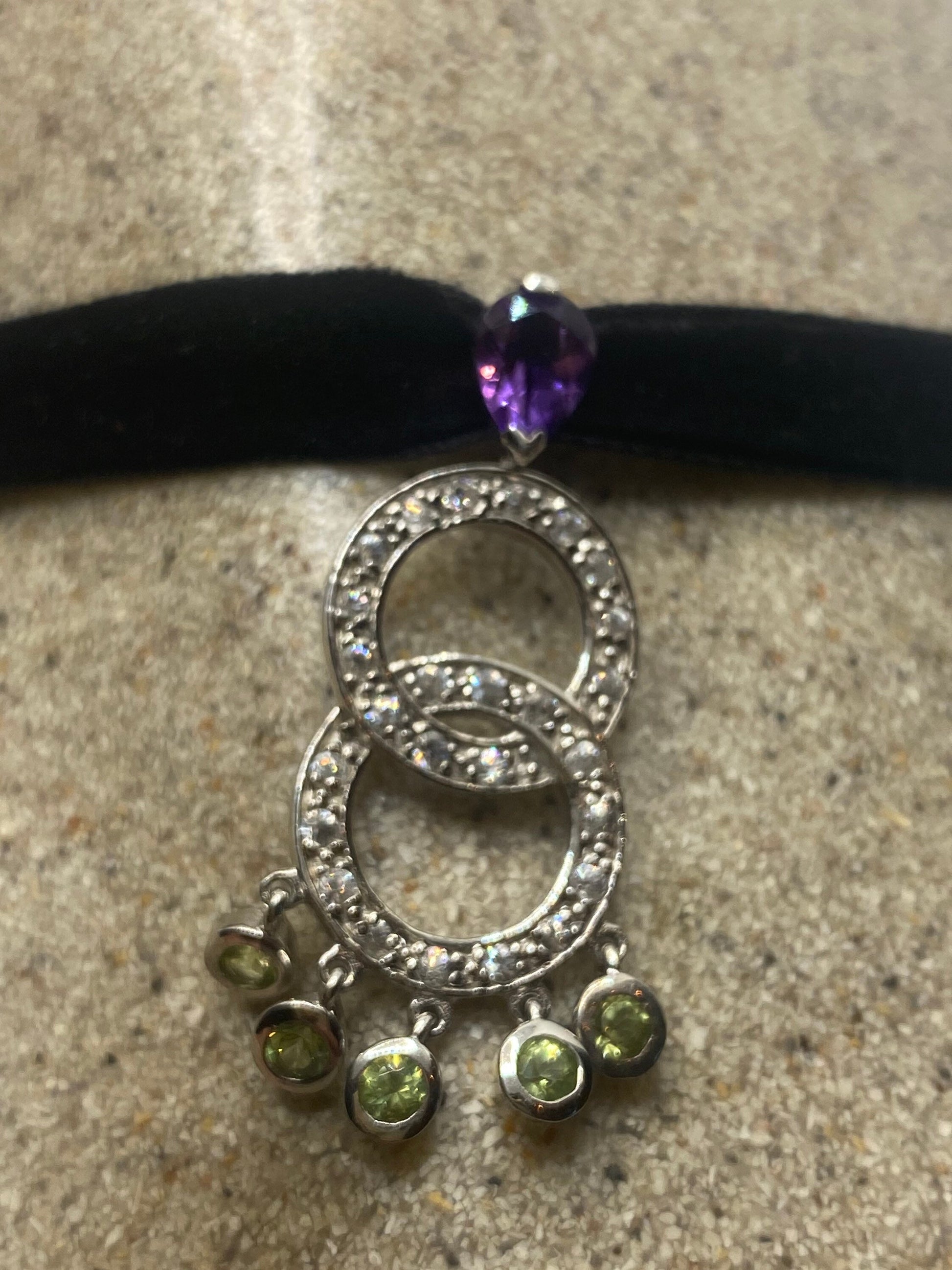 Vintage Peridot Amethyst Choker Pendant Necklace in 925 Sterling Silver